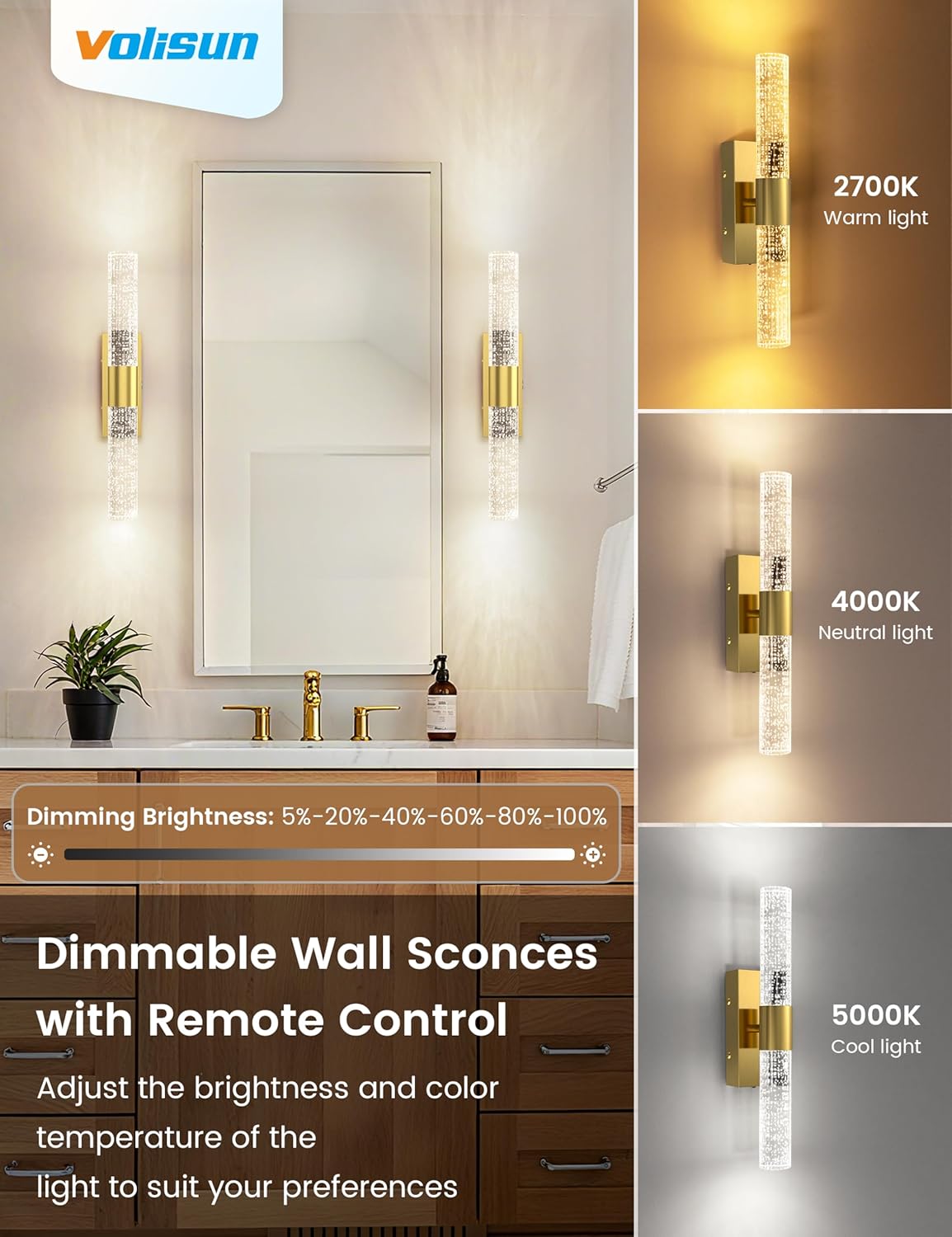 VOLISUN Battery Operated Wall Sconces Set of Two,Gold Sconces Wall Decor Set of 2,Wireless Wall Sconces with