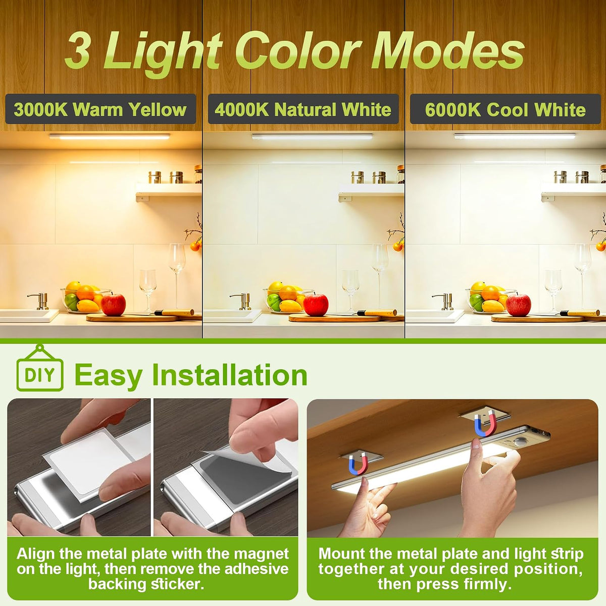 4 Pack Under Cabinet Lighting, 10in Rechargeable Motion Sensor Light Indoor | 3 Color Temperatures, 76 LEDs, Wireless