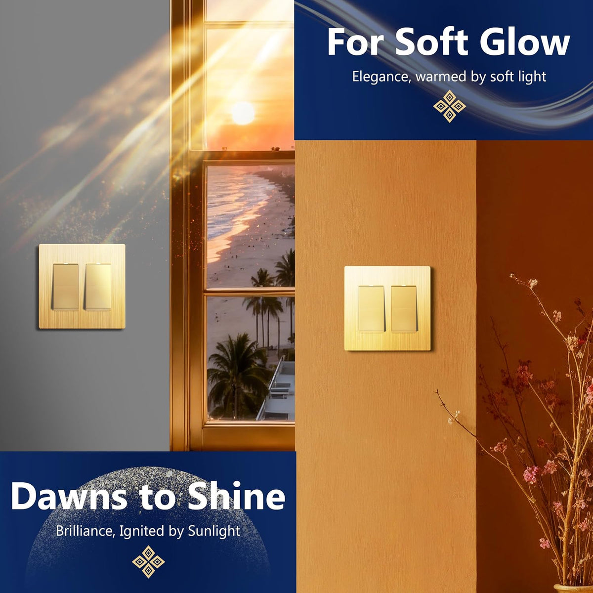 LIDER Double Decorator Switch Cover, Screwless Wall Plate, Mid-Size 2-Gang | 5-Pack, Brushed Gold, Polycarbonate
