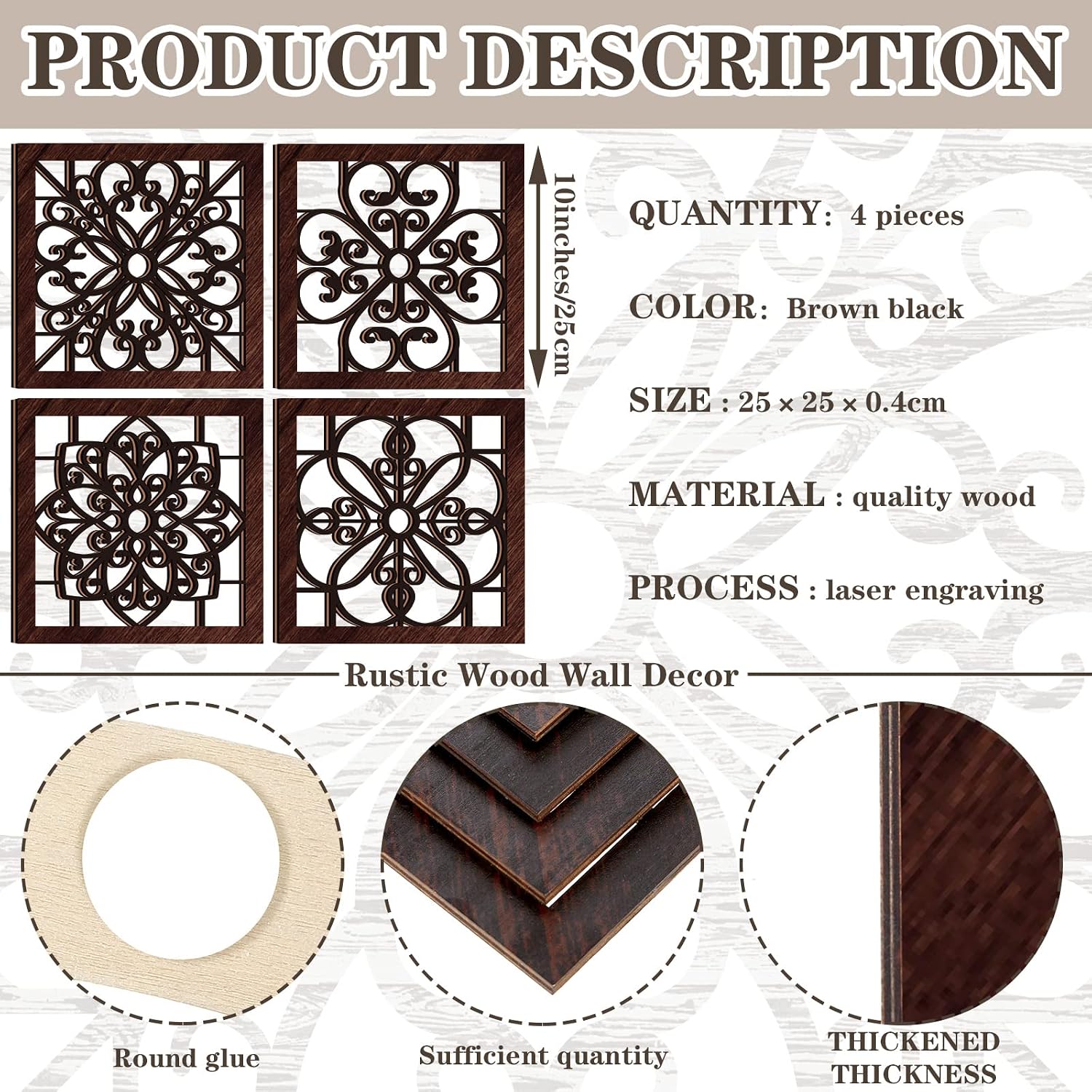 4 Piece Thicken Rustic Wall Decor / Black