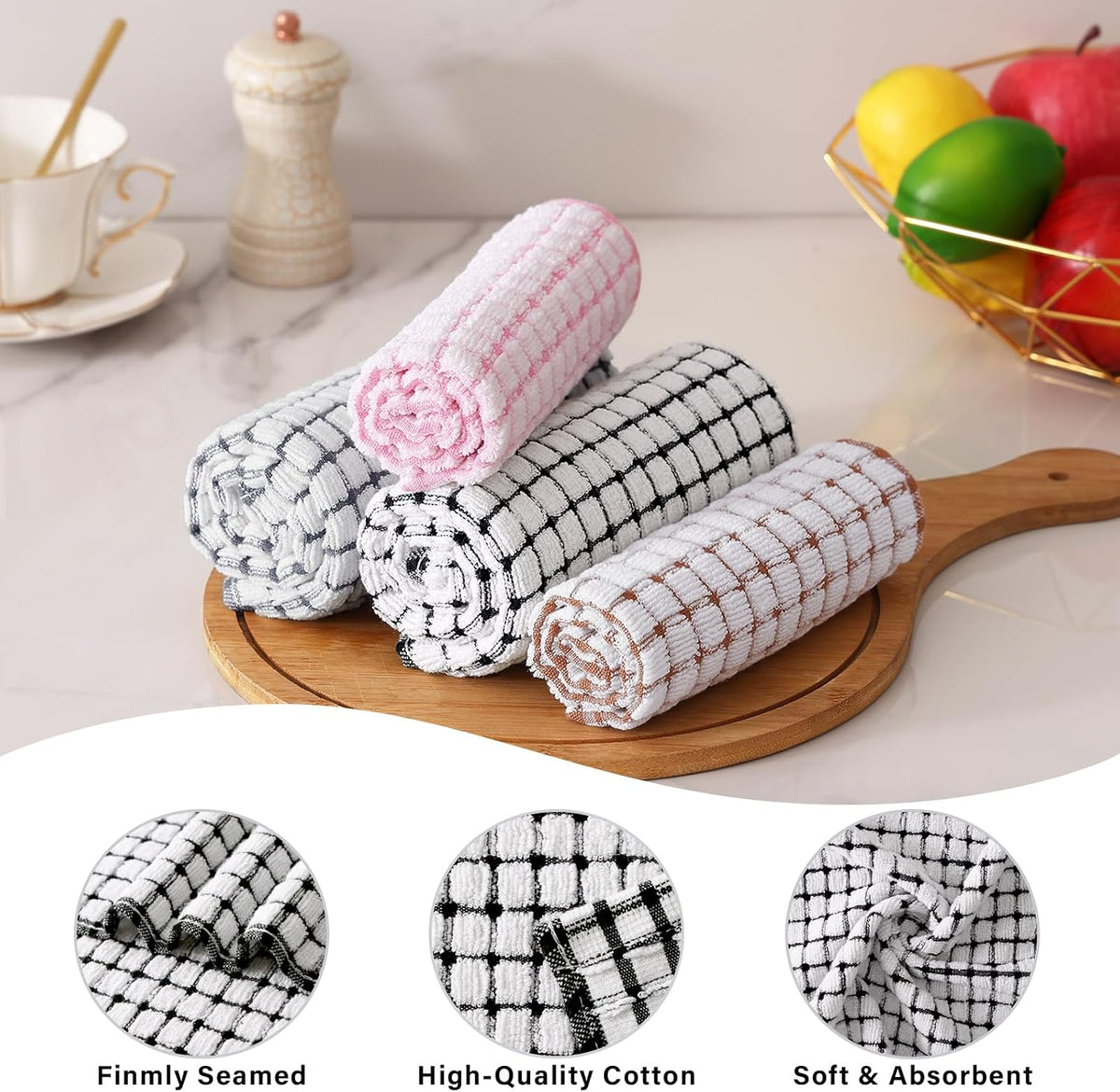 Homaxy Kitchen Towels and Dishcloths Set, Set of 16, Black/Grey/Pink/Brown | Cotton Terry Kitchen Dish Towels, Super