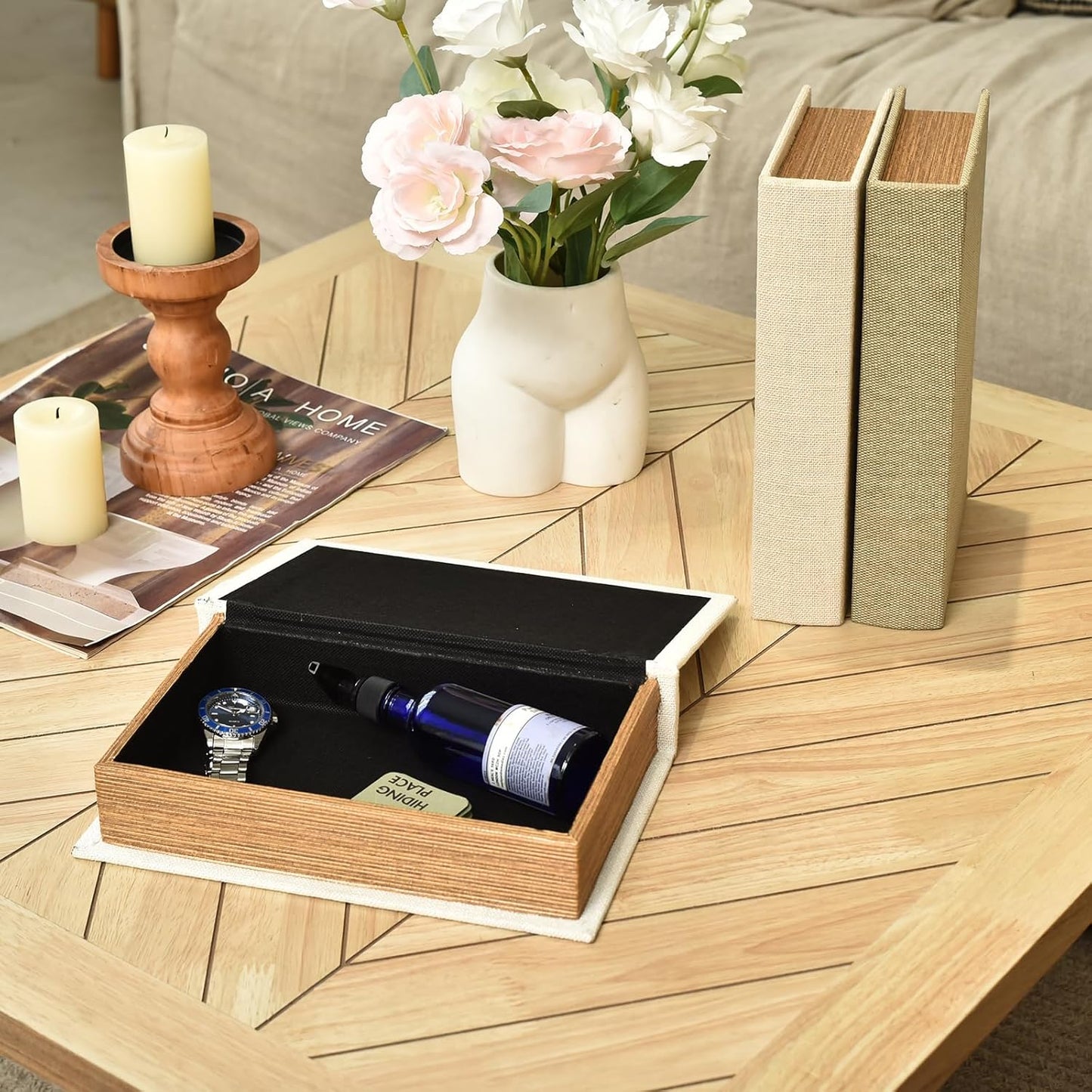 Modern Linen and Wood Decorative Faux Book Boxes / Taupe,beige,off-white / Set of 10