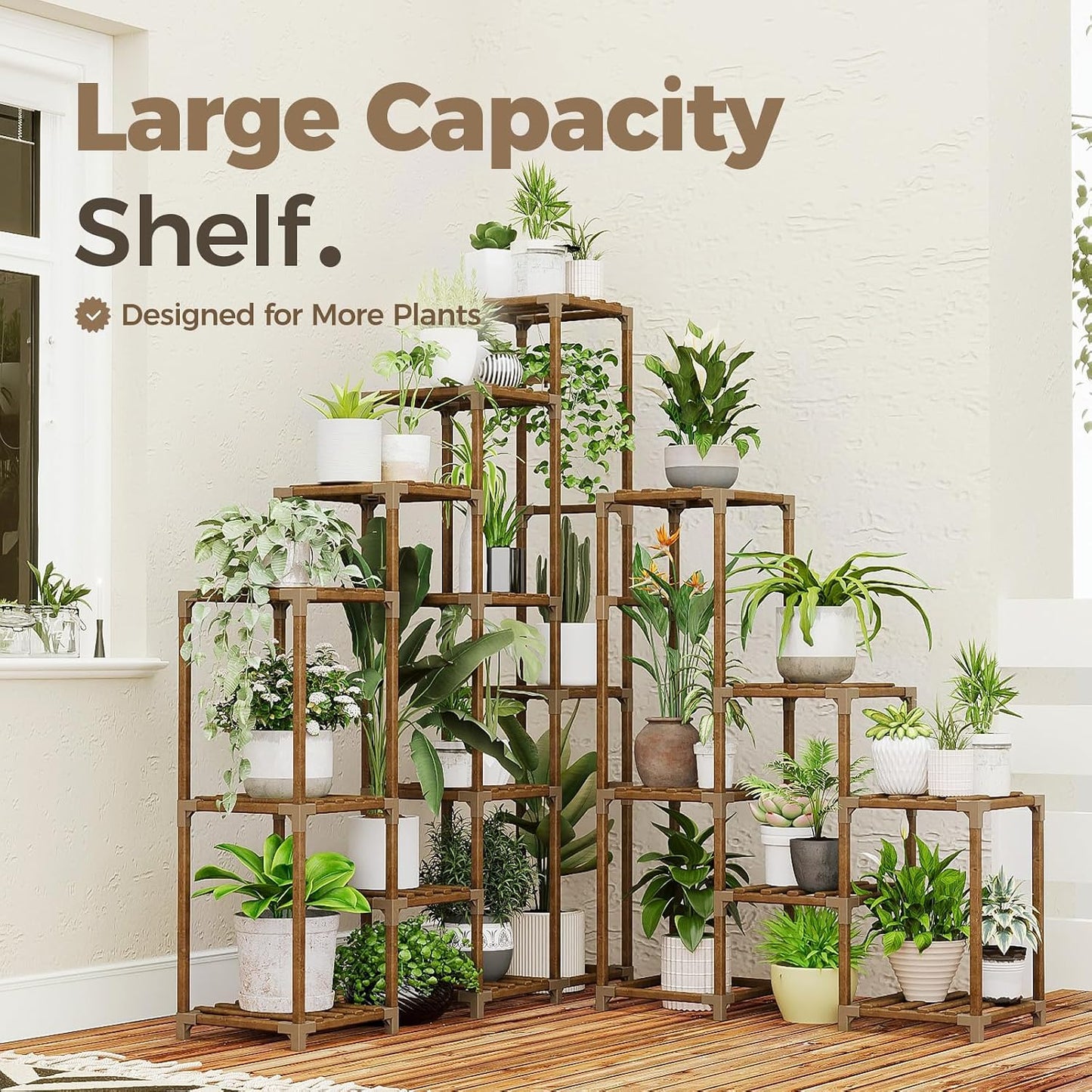 Bamworld Plant Shelf Indoor Large Plant Shelf Tall Flower Stands 16 Pots Outdoor Plant Rack for Garden Balcony Patio