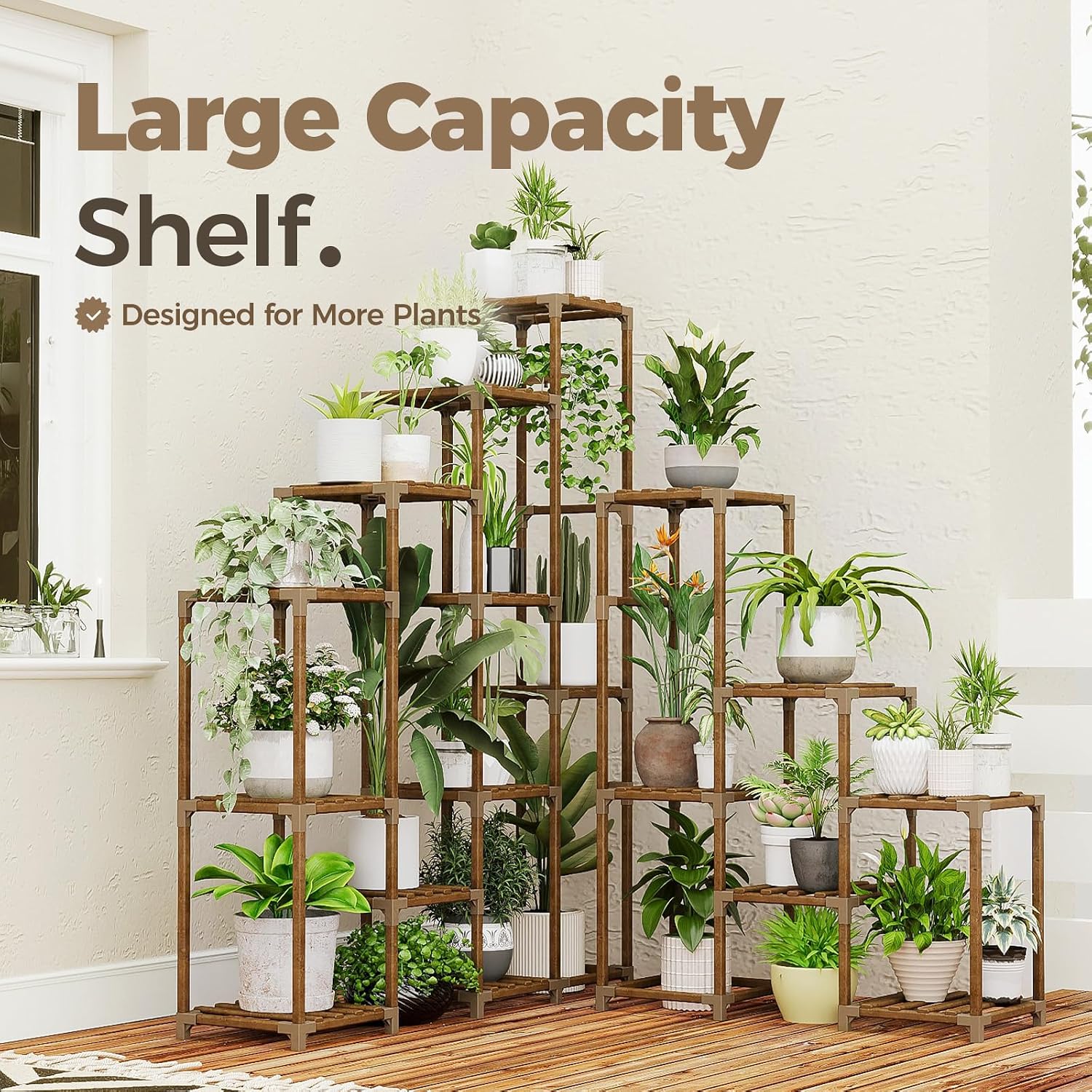 Bamworld Plant Shelf Indoor Large Plant Shelf Tall Flower Stands 16 Pots Outdoor Plant Rack for Garden Balcony Patio