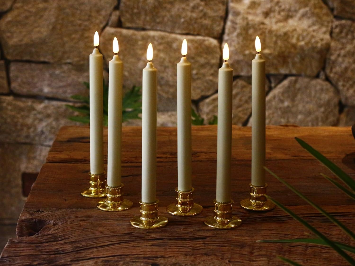 6 Pack Flameless Ivory real Wax Window Candles with 12 AA Batteries(Include, Run More Than 400 Hours) and Golden