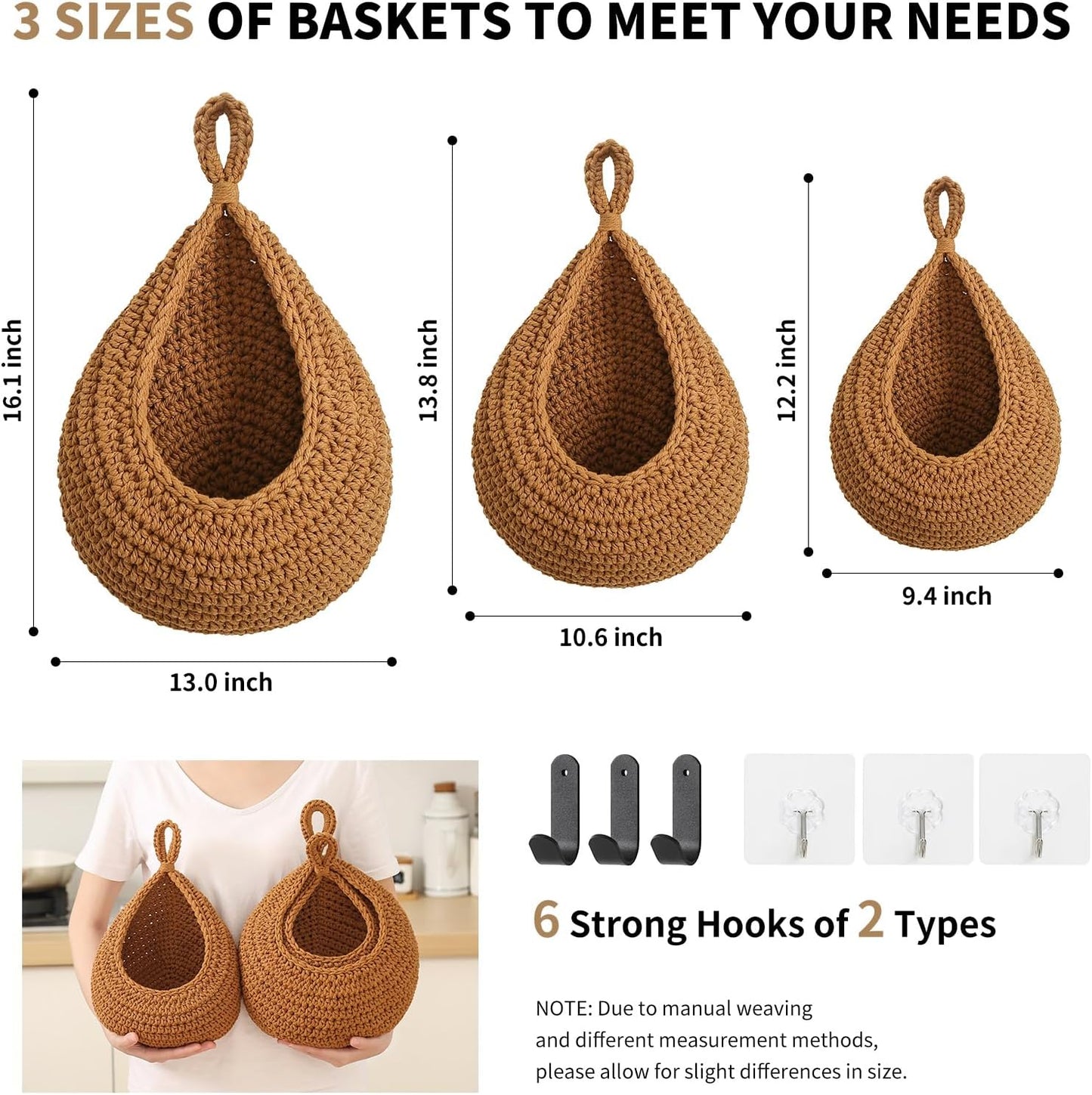 Boho Wall Hanging Fruit Baskets / Caramel / Set of 6