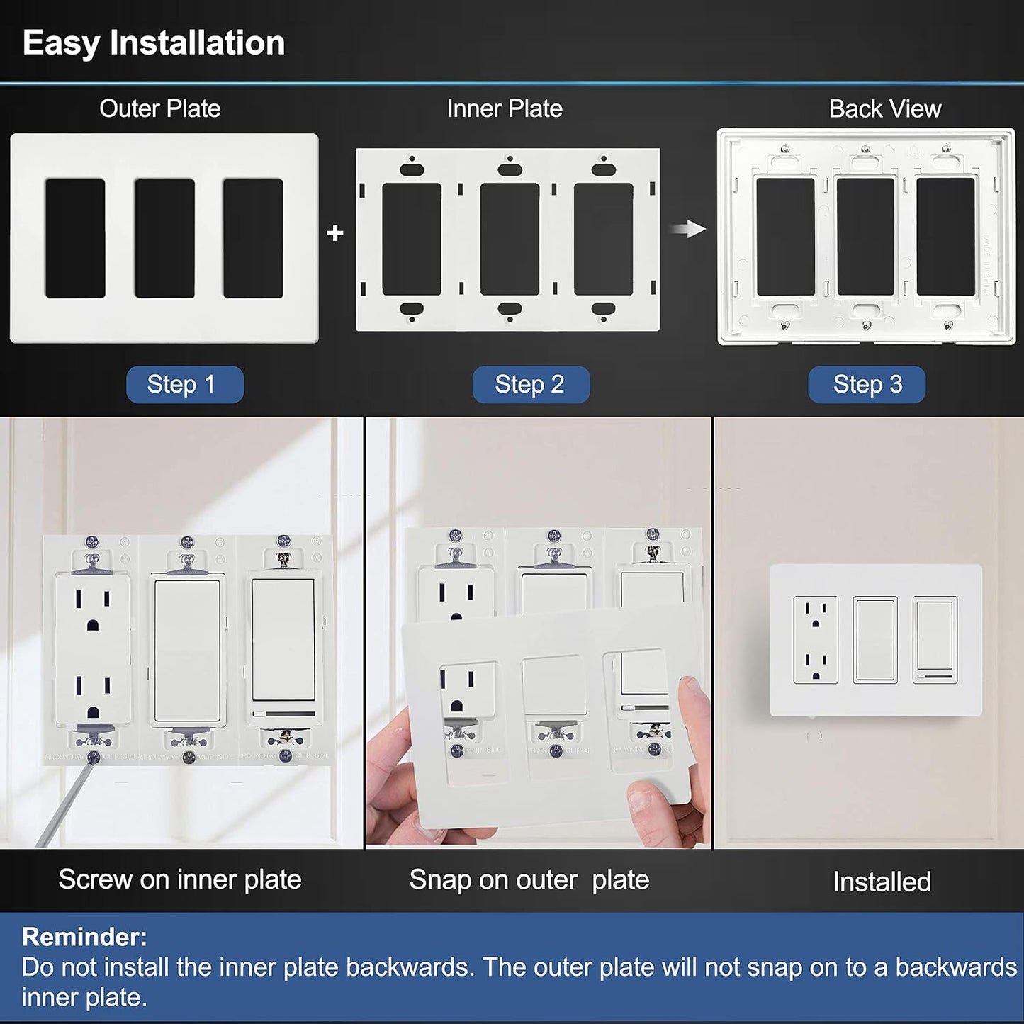 BESTTEN [4 Pack] 3 Gang Screwless Decorative Outlet Cover, Mid-Size Wall Plate, H4.88" x W6.74", Faceplate Cover for