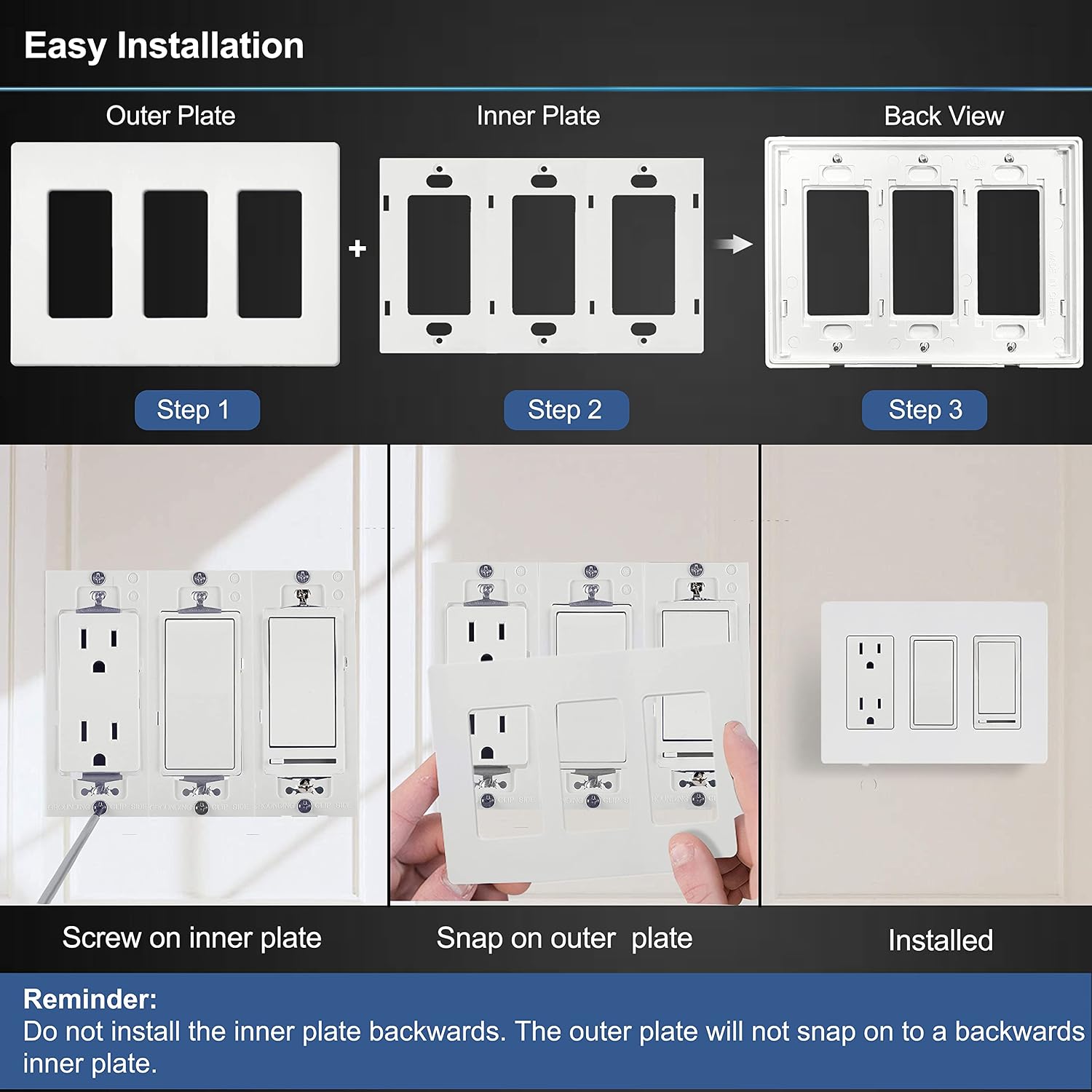 BESTTEN [4 Pack] 3 Gang Screwless Decorative Outlet Cover, Mid-Size Wall Plate, H4.88" x W6.74", Faceplate Cover for