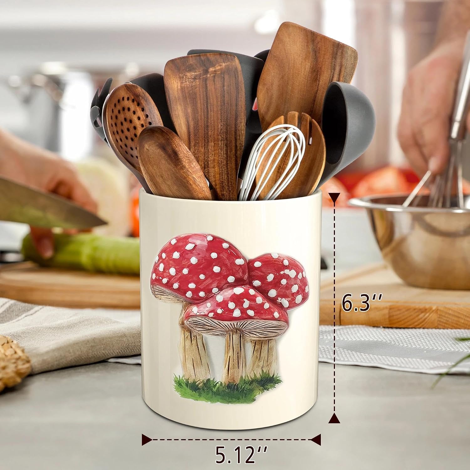 Mushroom Kitchen Decor Embossed Ceramic Utensil Holder for Farmhouse Indoor