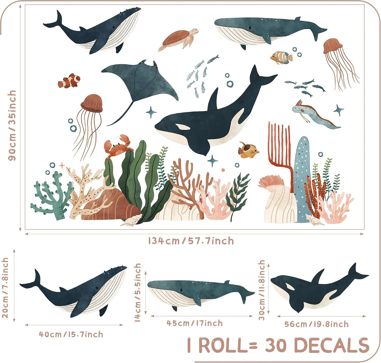 Large Ocean Wall Decals Jellyfish Whales Watercolor Peel and Stick Removable Under / Ocean Animals-b