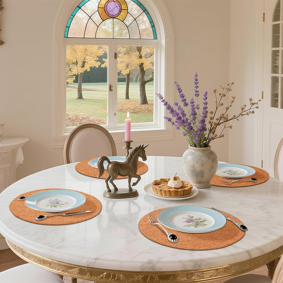 Cotton Linen 15 Inch Round Cloth Place mats, Set of 6, Orange | Washable Table Mats, Heat Resistant, Reversible