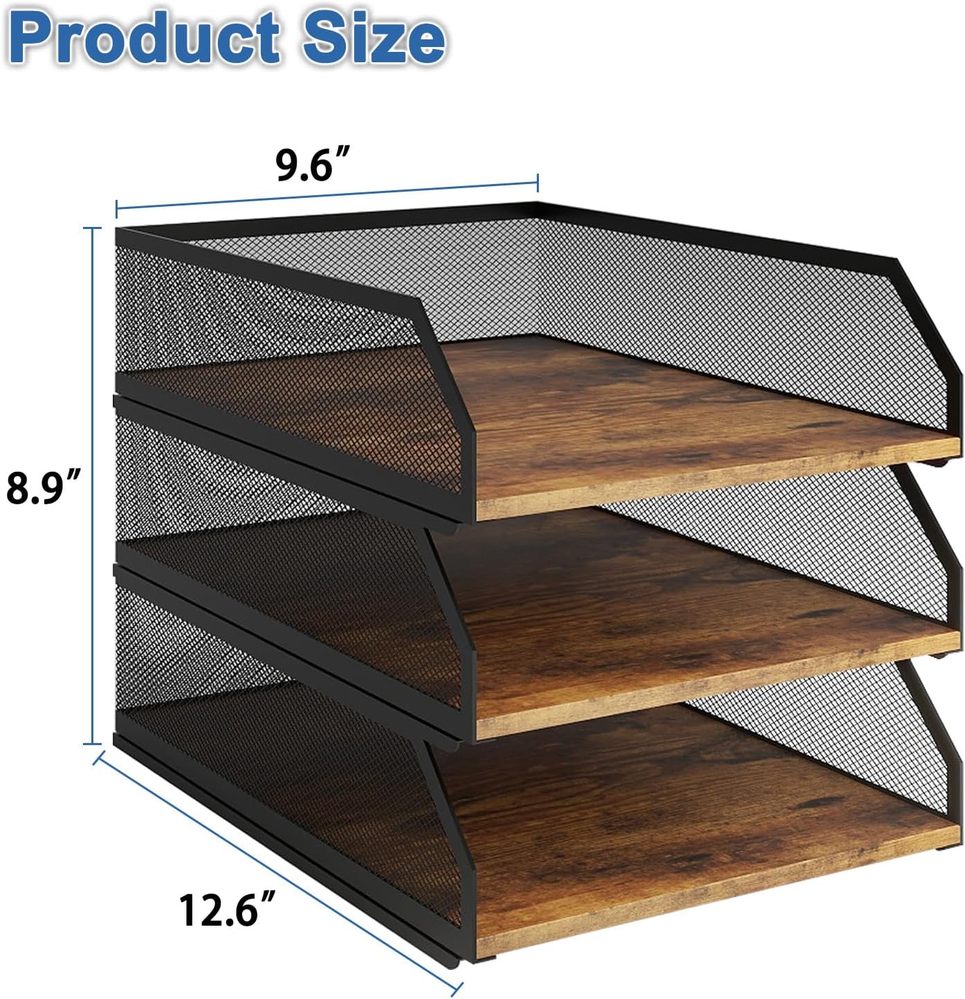 Natwind 3-Tier Stackable Metal Mesh Paper Organizer with Sliding Tray,Retro | Wooden Desk Organizer, Letter Tray For