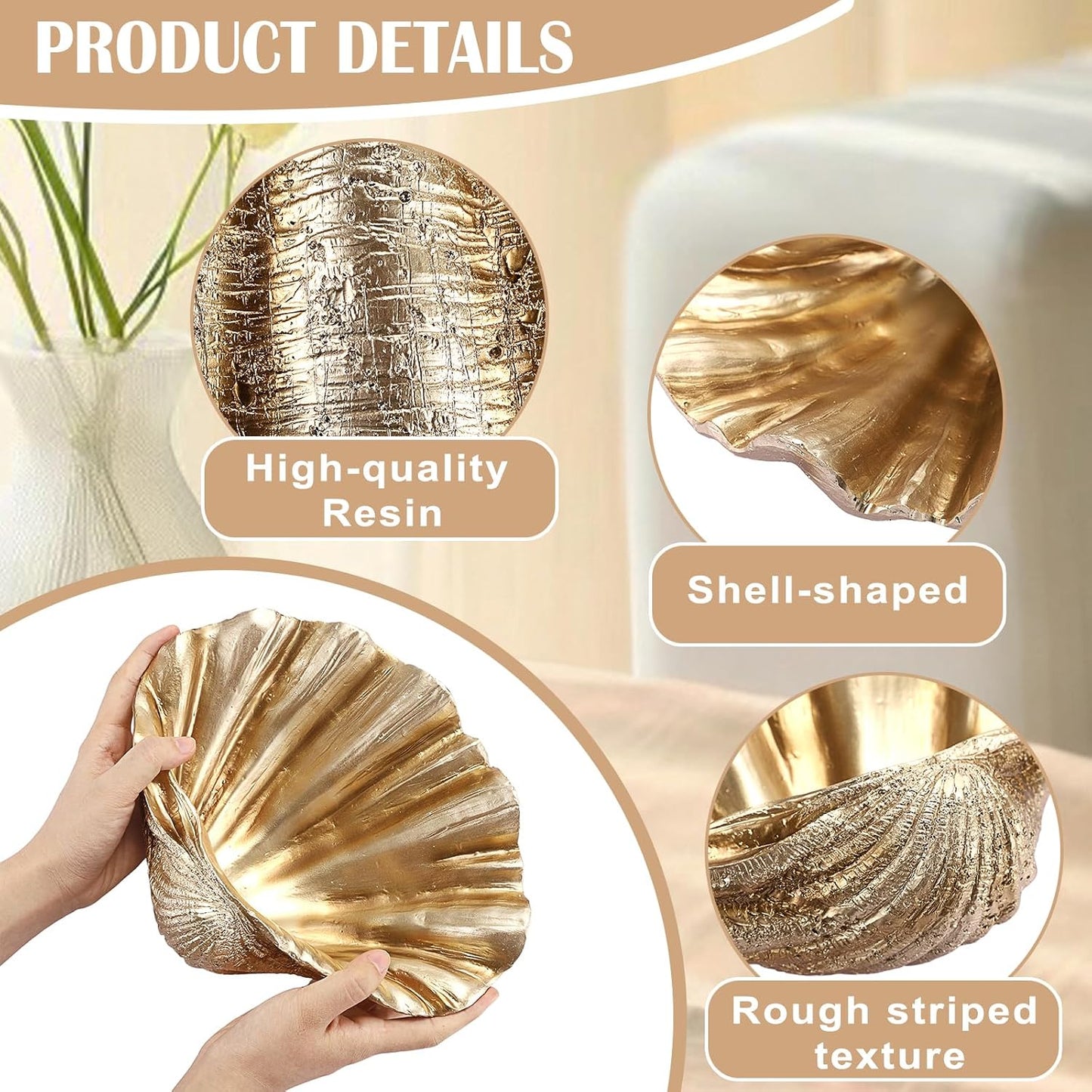 Decorative Key Bowl for Entryway Table Resin Clam Shell Bowl Coastal Beach / Gold / 9.8 x 8.3 x 3.5