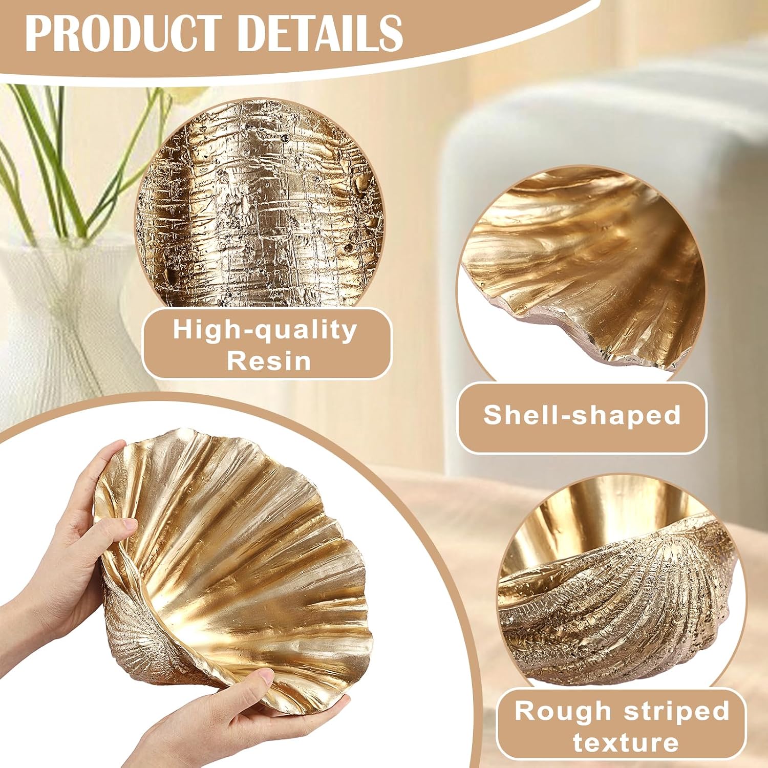 Decorative Key Bowl for Entryway Table Resin Clam Shell Bowl Coastal Beach / Gold / 9.8 x 8.3 x 3.5