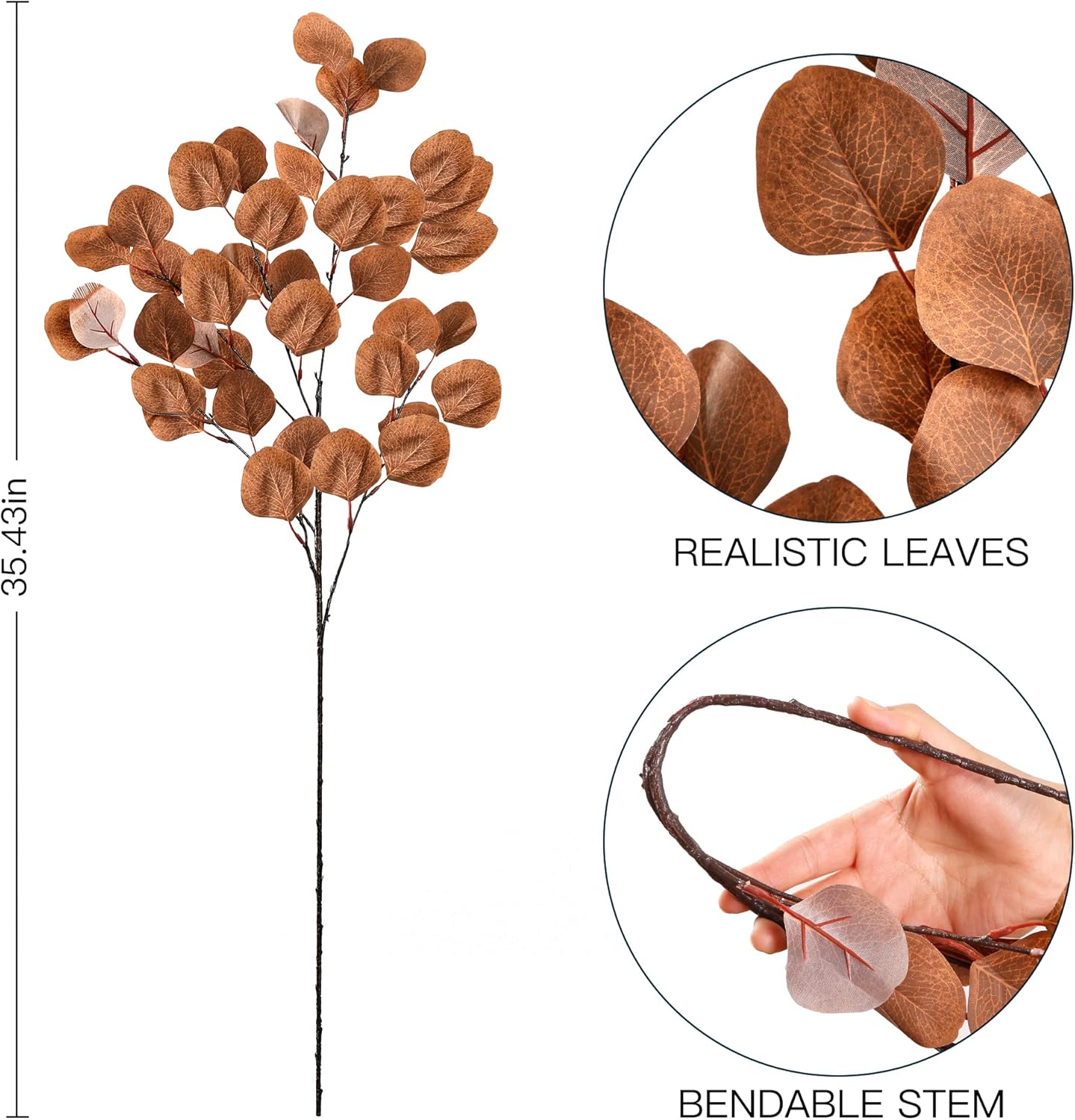 Fall Artificial Eucalyptus Stems Long Silver Dollar Leaves Fake Silk / Dark Brown / Set of 6