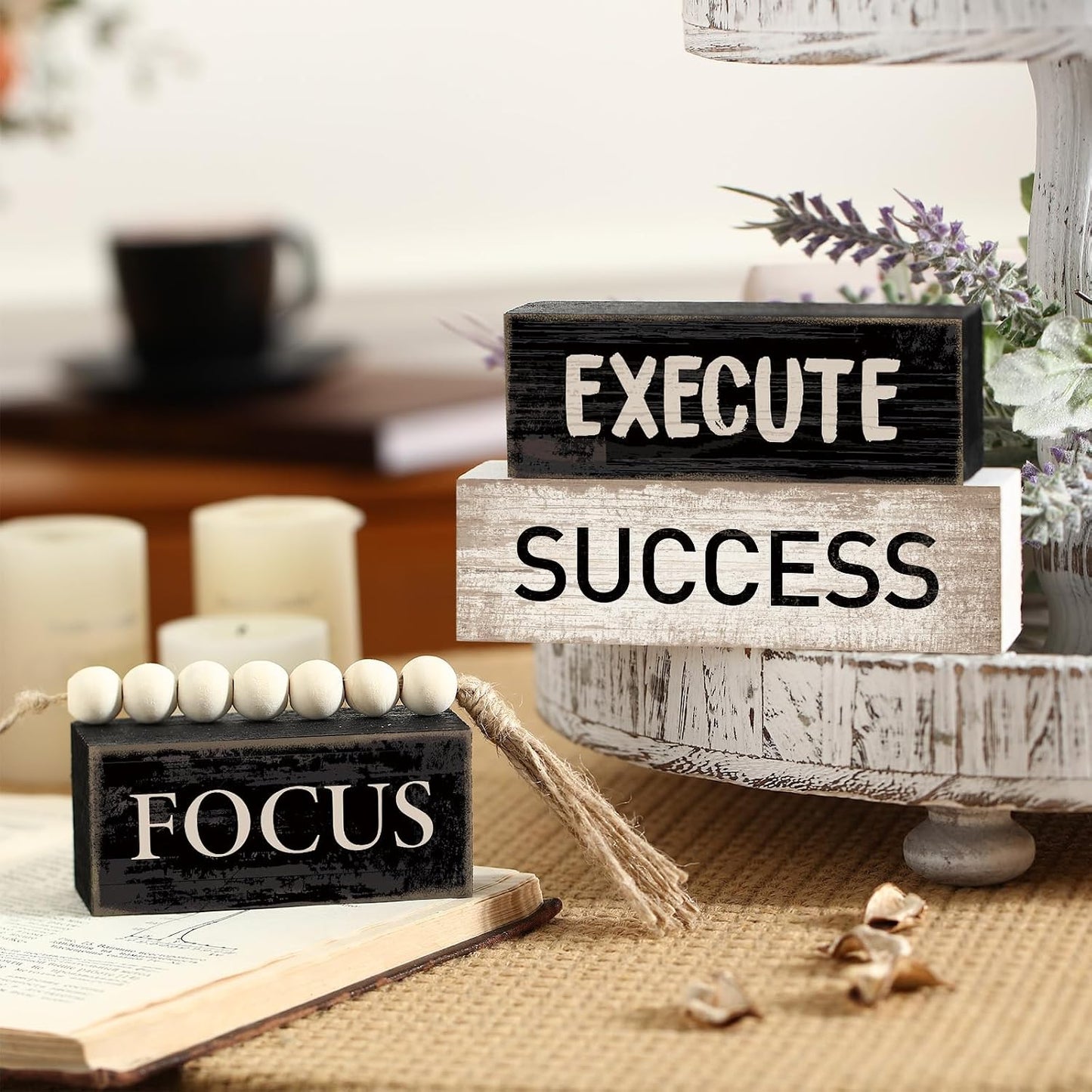 Motivational Desk Decor Wooden Office Decor Inspirational Tiered Tray / Success / Set of 4