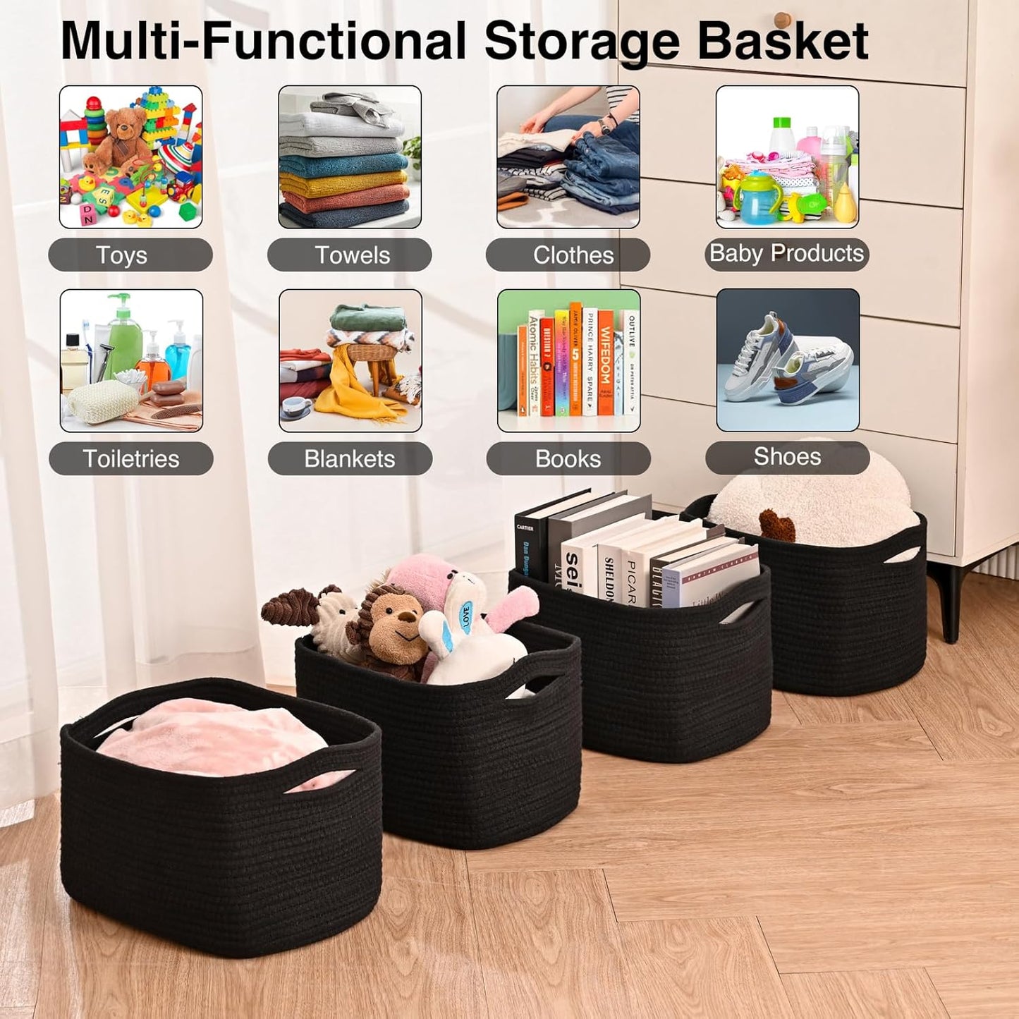Woven Cotton Rope Baskets for Storage / Black