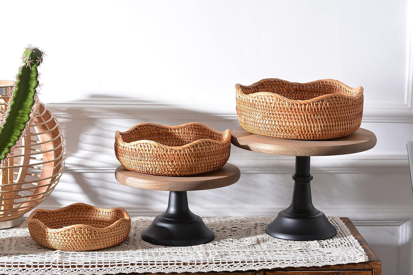 Rattan Bread Baskets Round Woven Fruit Bowls Key Holders Stackable / Wave / Natural / Set of 3