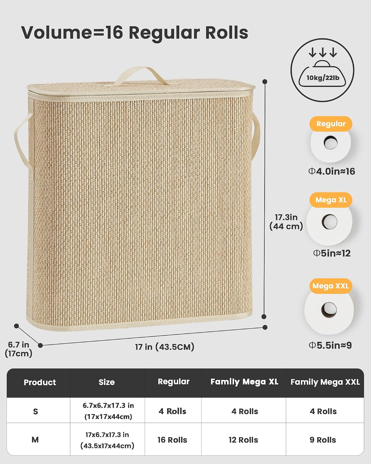 Bamboo Toilet Paper Storage Basket with Lid & Handle - 32L Large Capacity Handwoven Bathroom Organizer for 16 Rolls