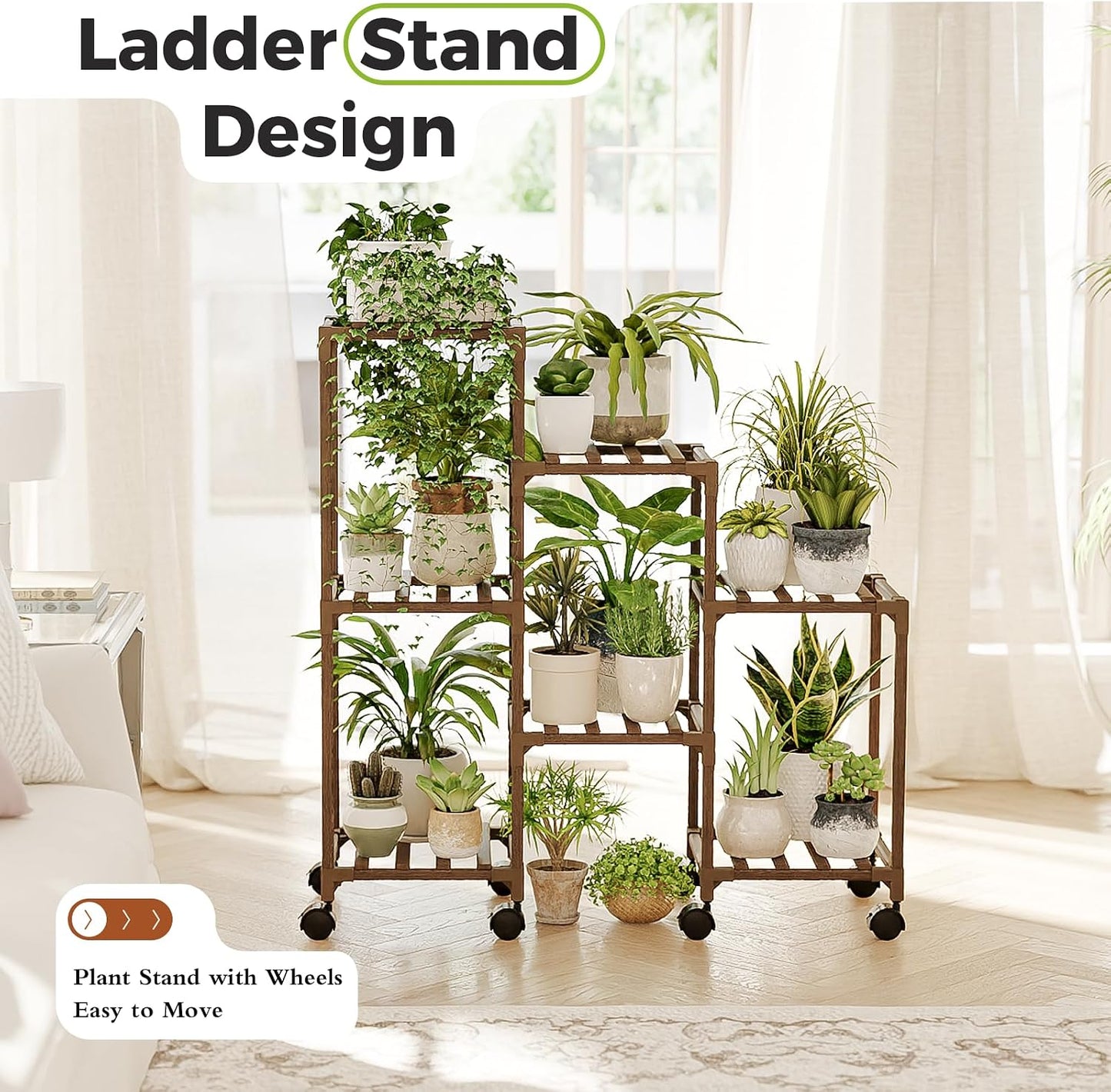 Bamworld Plant Stand with Wheels for Indoor Plants Wood Outdoor Tiered Shelf 3 Tire 7 Potted Ladder Plant Holder Table