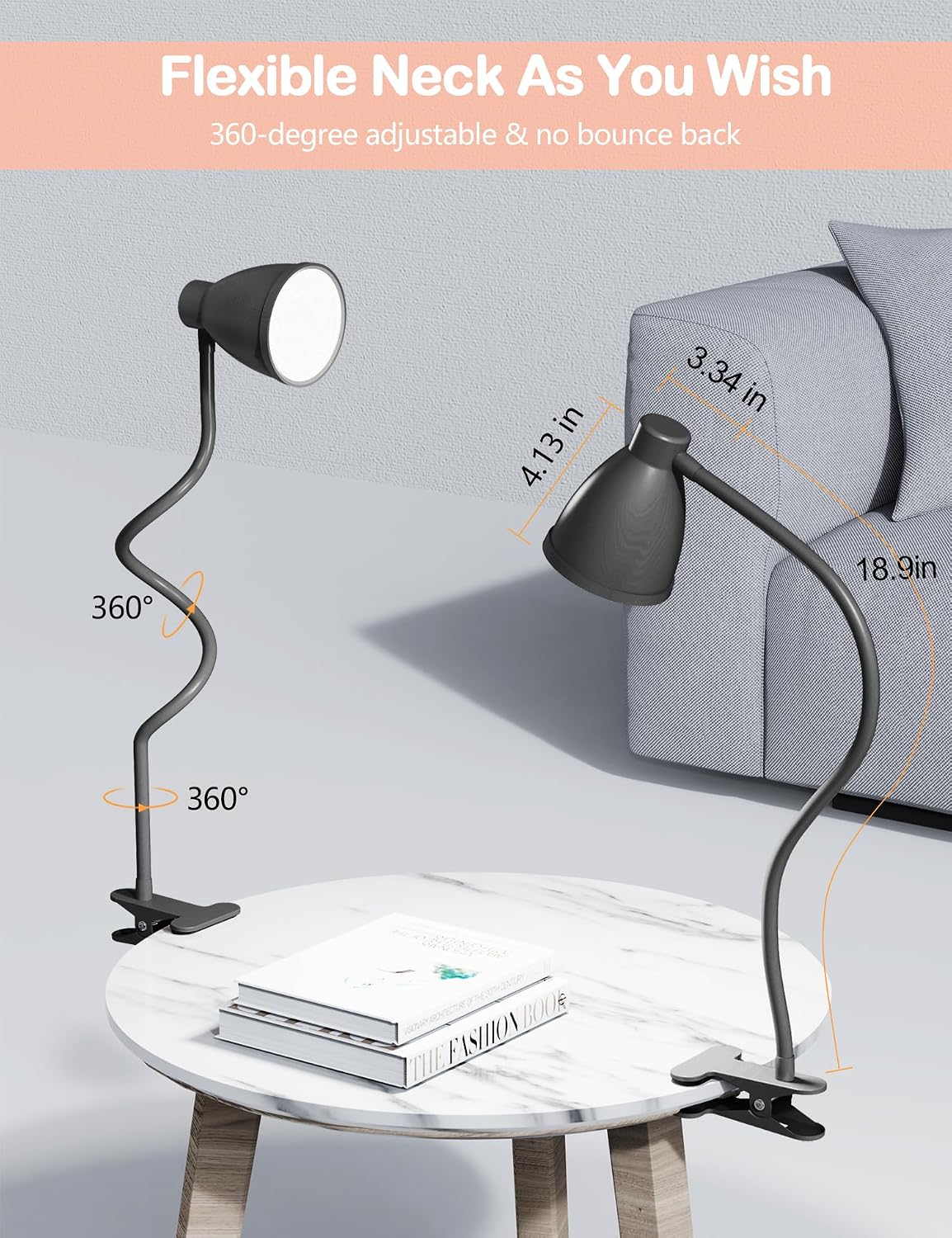 BOHON Desk Lamp 5 Color Modes 10 Brightness Dimmer Reading Light Black | 10W 38 LED Clamp Lamp with Auto Off Timer 360°