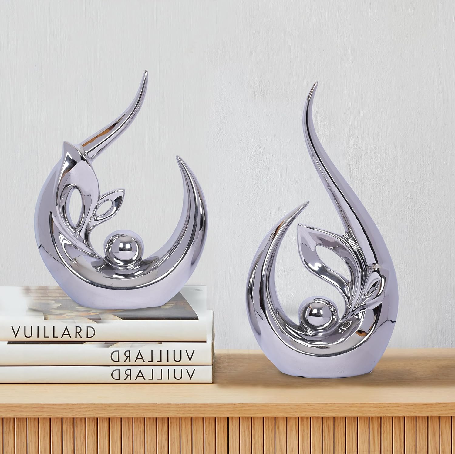 Decor Accent Ceramic Statue Abstract Sculptures Centerpieces Mid Century Modern / Silver / Set of 2