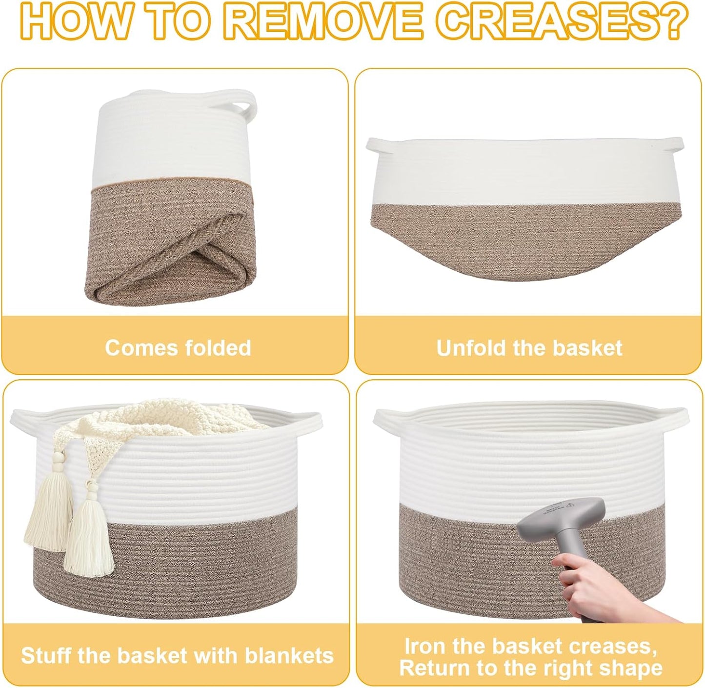 Large Laundry Basket 22''x14''Woven Cotton Rope Baby Blanket Basket / White//brown / 100L