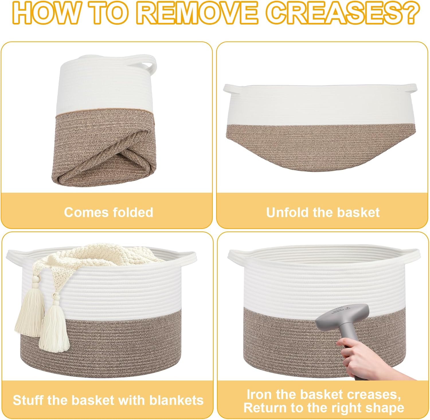 Large Laundry Basket 22''x14''Woven Cotton Rope Baby Blanket Basket / White//brown / 100L