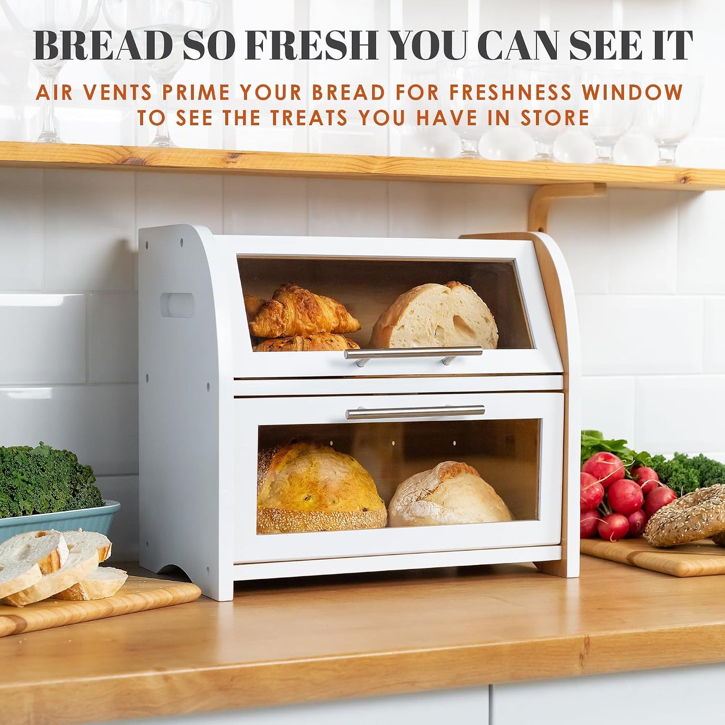 Arise Stylish Bamboo Bread Box for Kitchen Countertop, Extra Large 2-Shelf Wooden Bread Storage Container with Clear