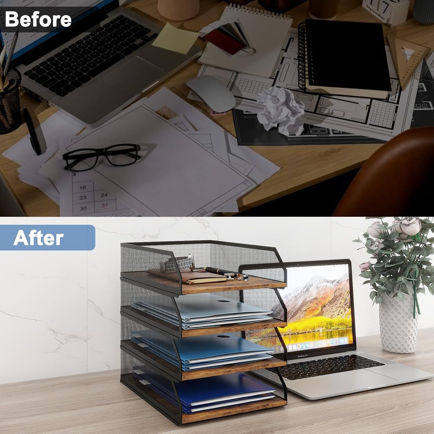 Natwind 4-Tier Stackable Metal Mesh Paper Organizer with Sliding Tray,Retro | Wooden Desk Organizer, Letter Tray For