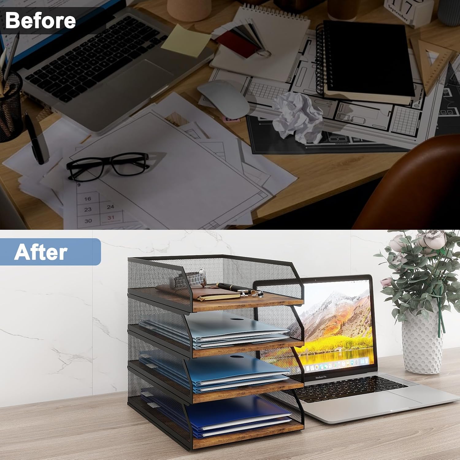 Natwind 4-Tier Stackable Metal Mesh Paper Organizer with Sliding Tray,Retro | Wooden Desk Organizer, Letter Tray For