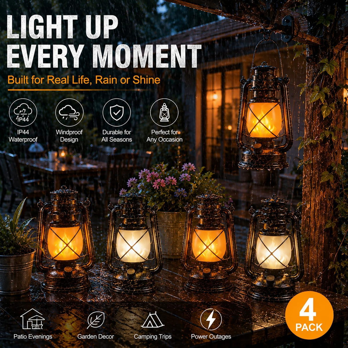 Battery Powered Vintage LED Lanterns 4 Pack with Remote Control, 2 Lighting Modes Flickering Flame Steady Light