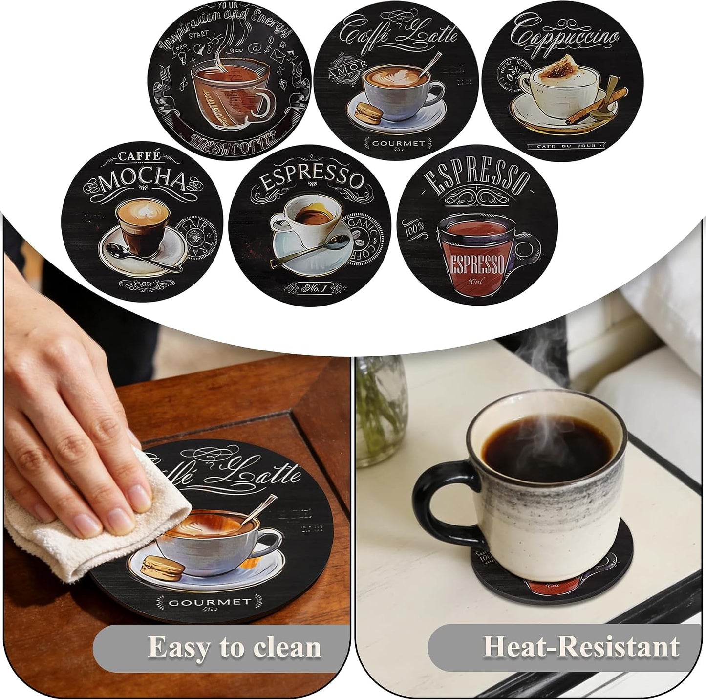Wood Coffee Coasters / Coffee-black / Set of 6