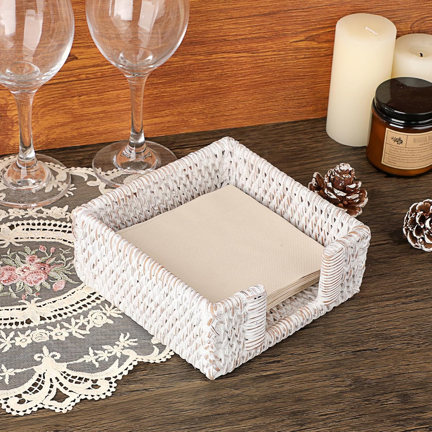 Wicker Rattan Napkin Dispenser Rustic Napkin Basket / Whitewash / 5.9 x 5.9 / Inch/cocktail