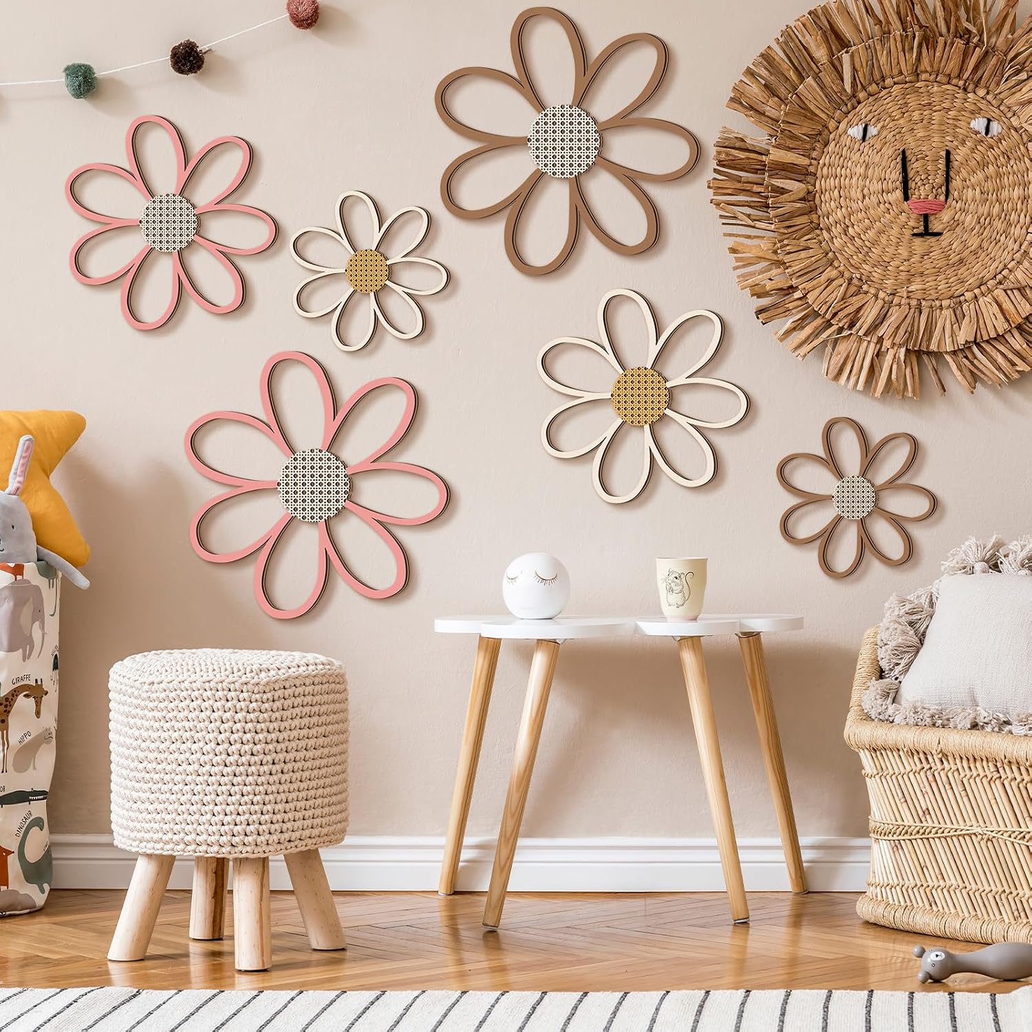Daisy Wall Decor Wooden Daisy Wall Sculptures Art Flowers Signs Hanging / Warm Color / Set of 6