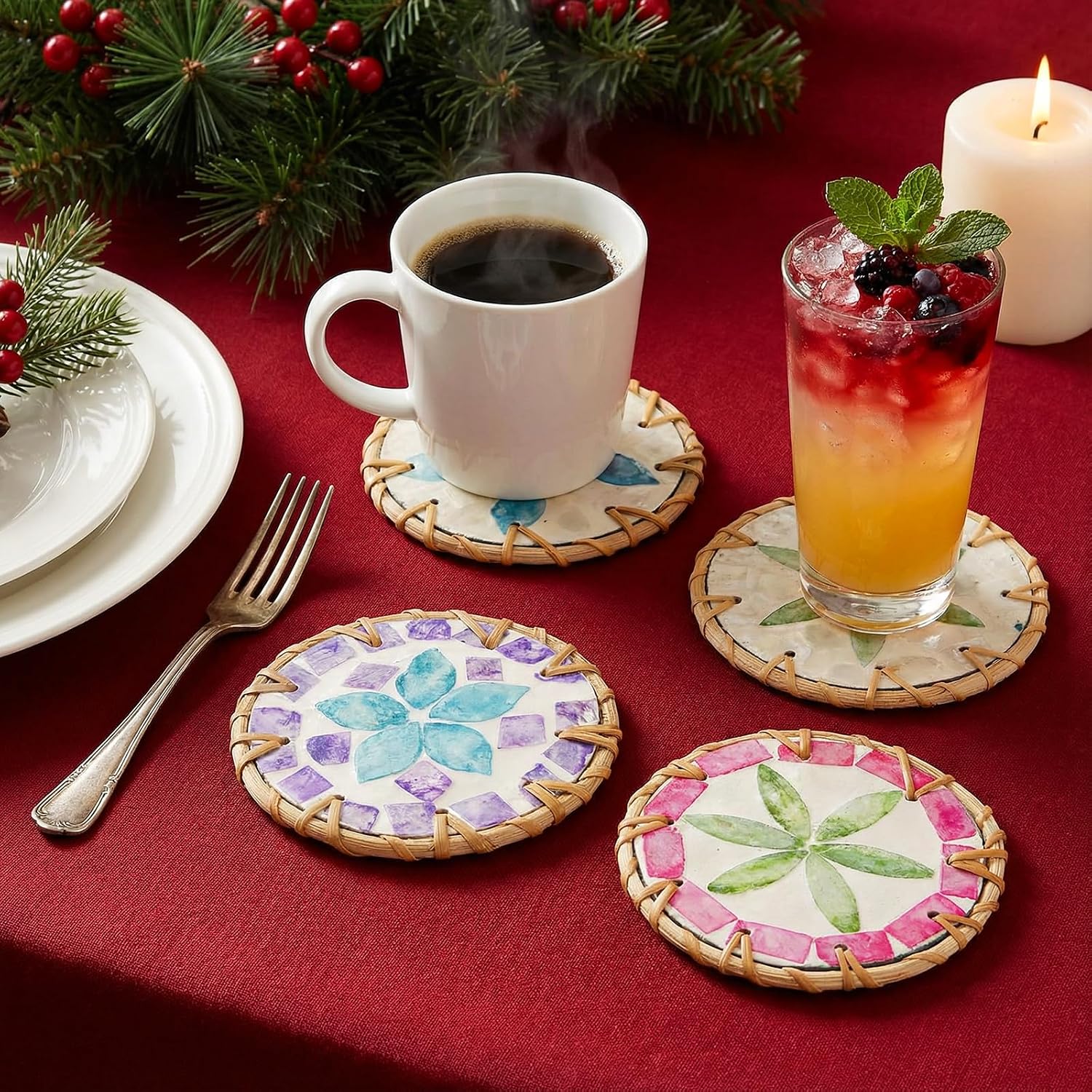 Boho Wicker Coasters / 4 Inch / Set of 8