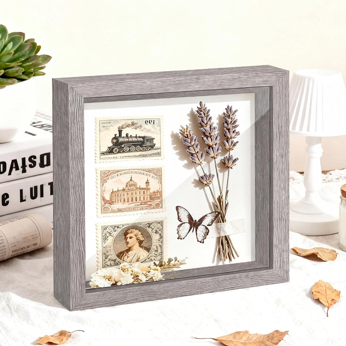 10x10 Gray Wooden Shadow Box Frame, Tempered Glass, 2 Pack | Black Backboard, Tabletop & Vertical/Horizontal Wall