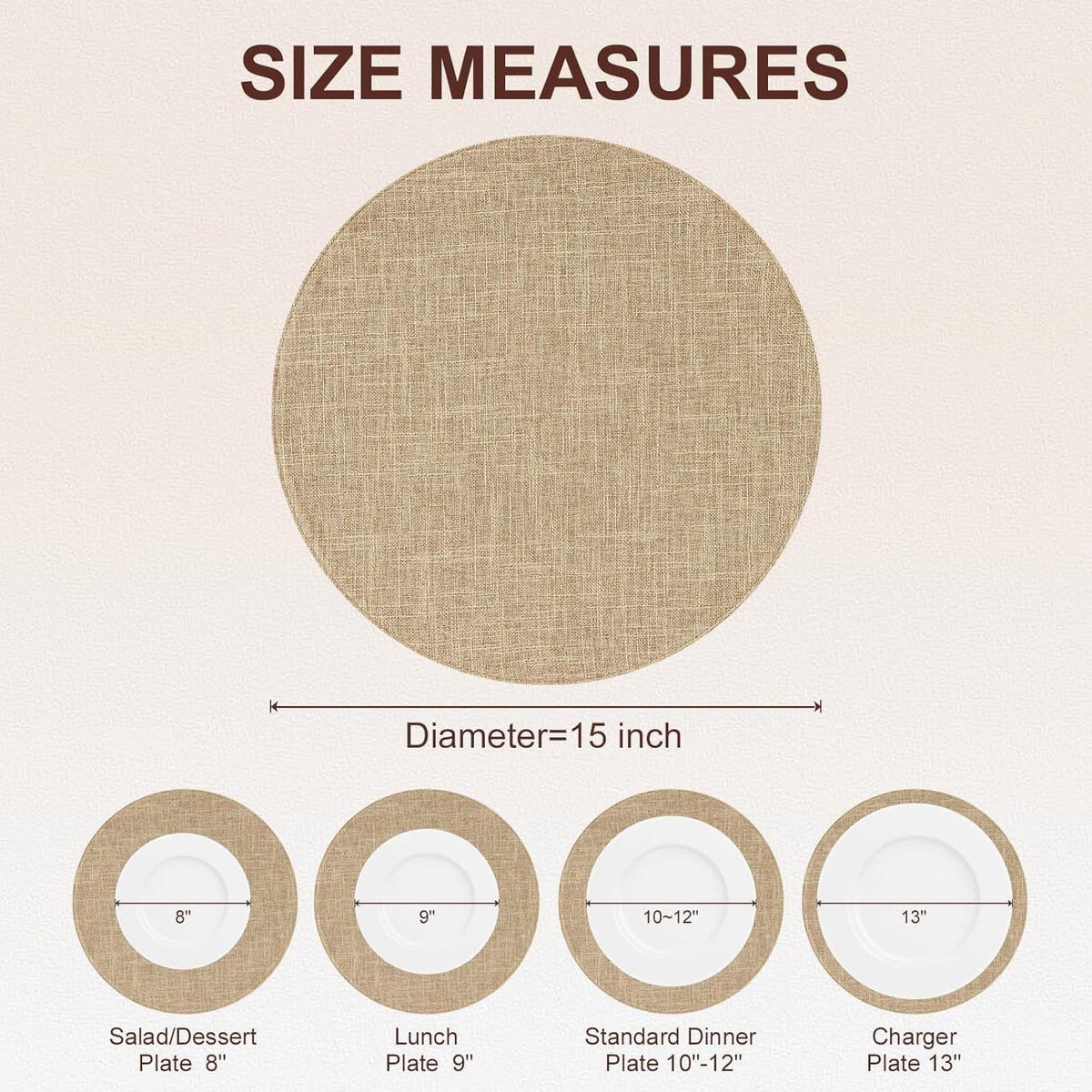 Cotton Linen 15 Inch Round Cloth Place mats, Set of 8, Linen | Washable Table Mats, Heat Resistant, Reversible