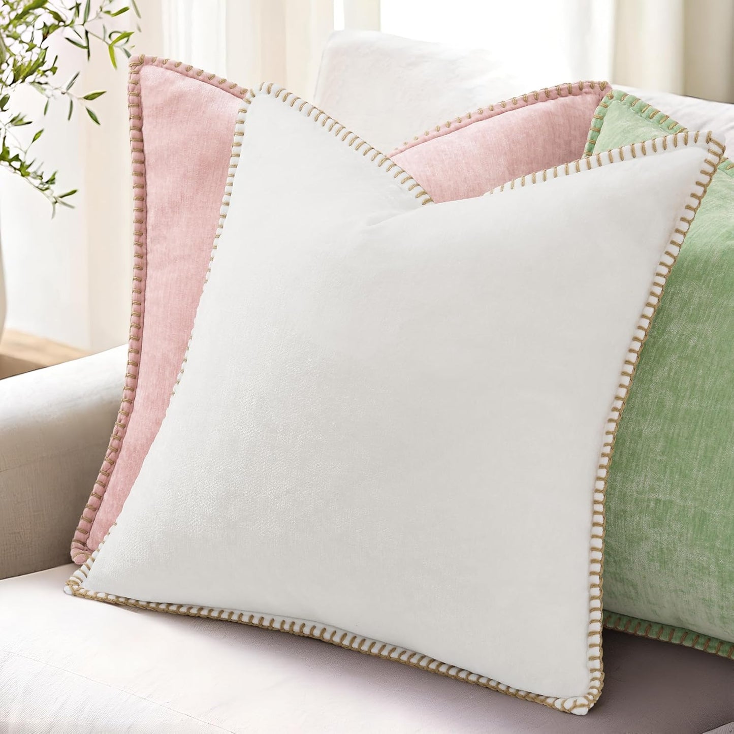 Fall Chenille Soft Throw Pillow Covers / Sage Green / 18 x 18 / Set of 2