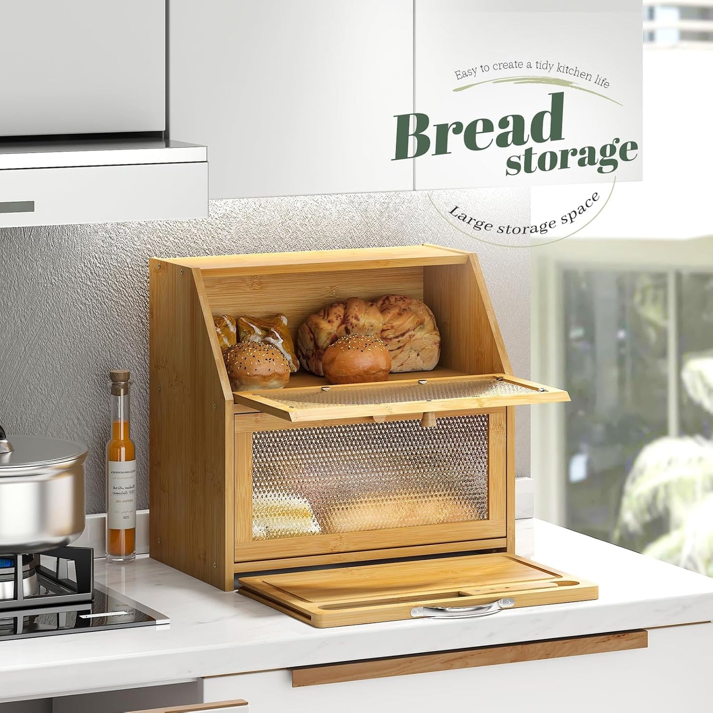 STDDRE Double Layer Bamboo Corner Bread Box with Cutting Board(Natural) | Extra-large capacity. Double Layer Bread