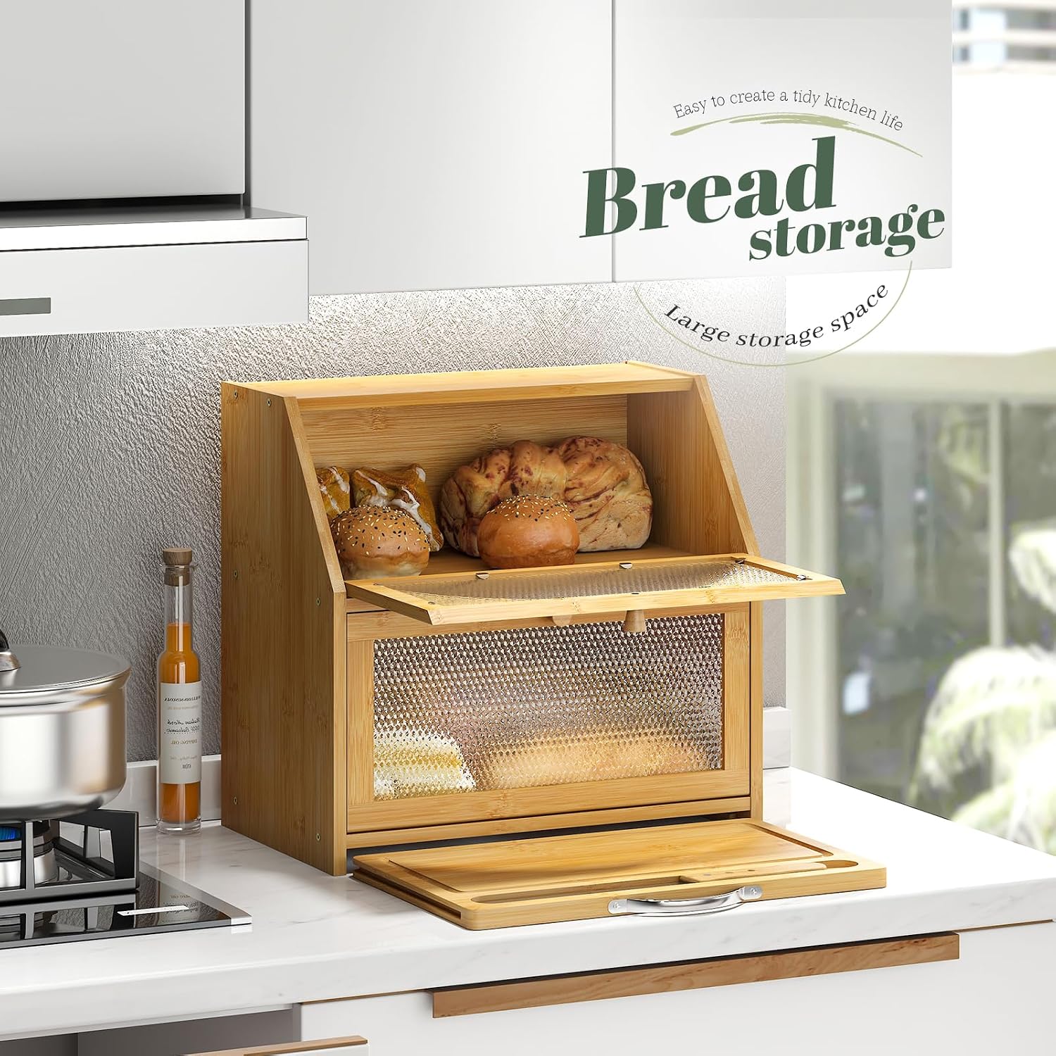 STDDRE Double Layer Bamboo Corner Bread Box with Cutting Board(Natural) | Extra-large capacity. Double Layer Bread