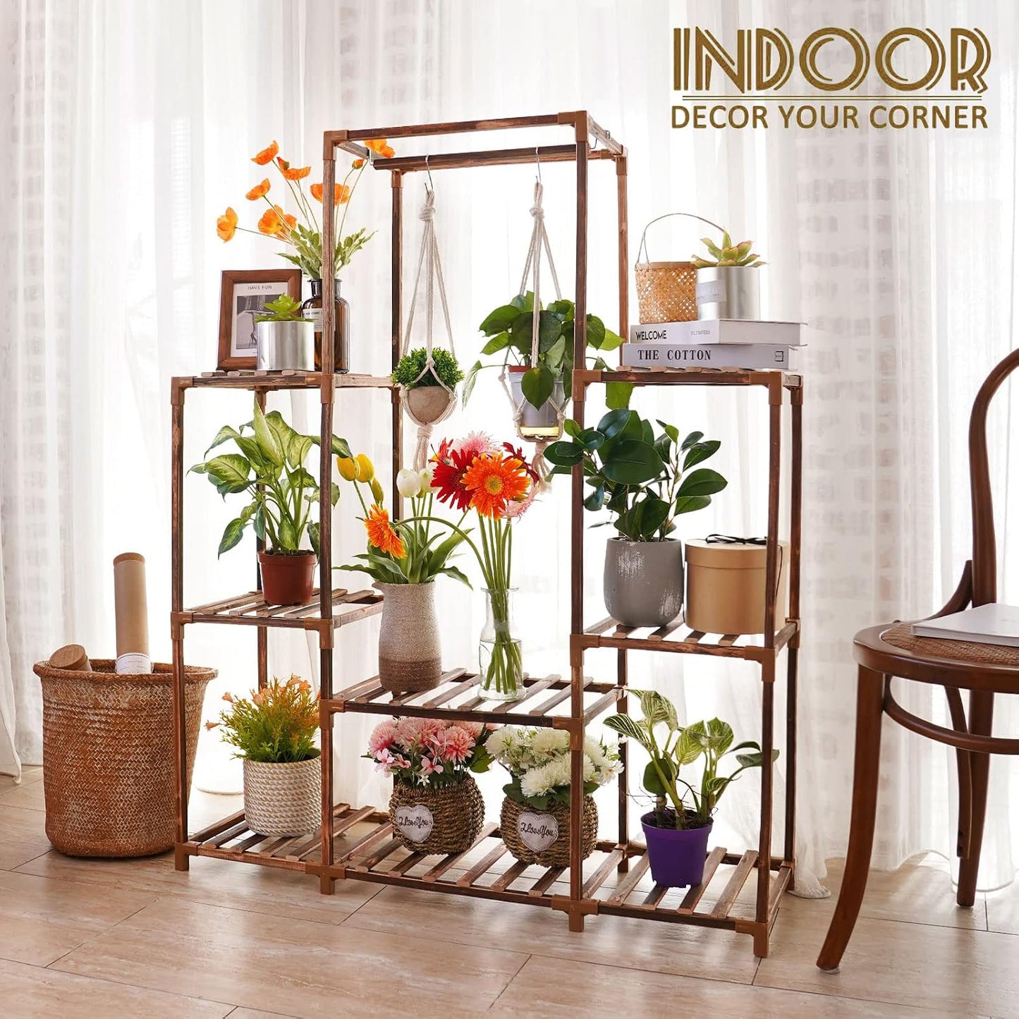 Plant Stand Indoor Outdoor, 8 Tiered Plant Shelf Wood Plant Rack | Tall Plant Holder for Multiple Plants, Large Ladder