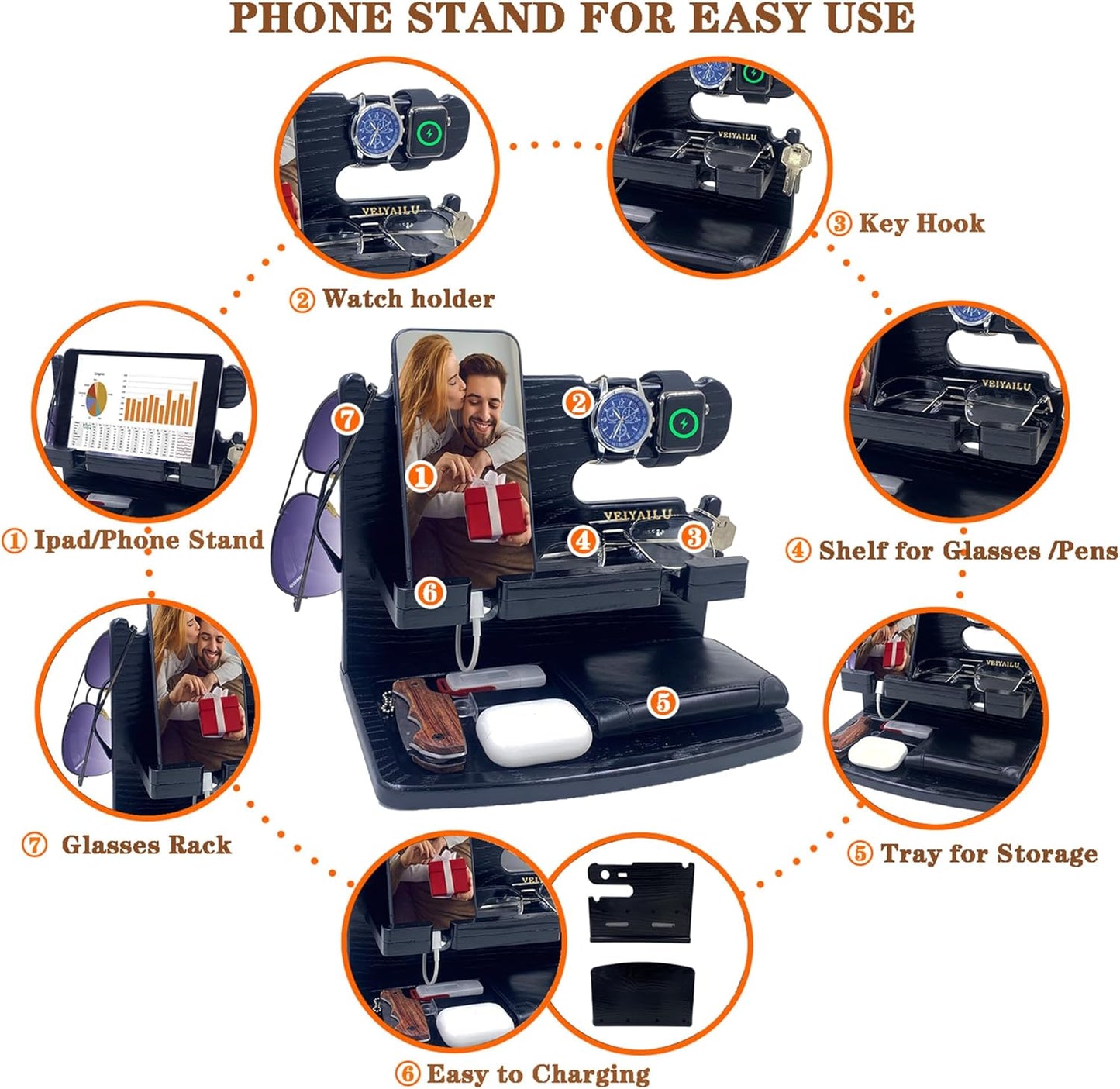 Gifts for Men Dad Women Husband Boyfriend Him Nightstand Organizer for Men Wood Phone / Black