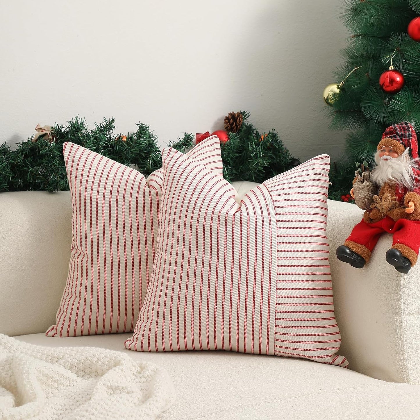 Striped Linen Decorative Pillows Cushion Covers / Red / 18 x 18 / Set of 2