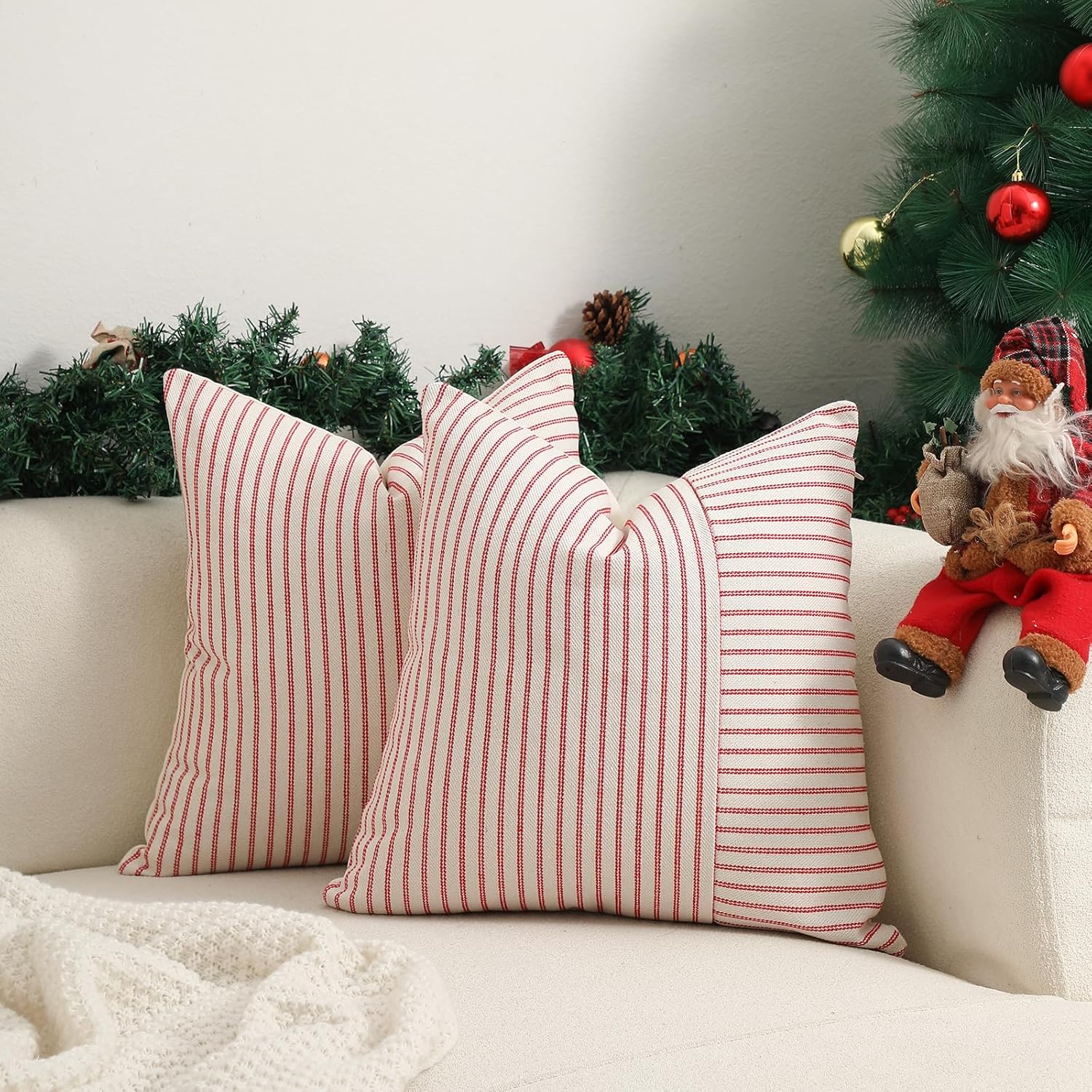 Striped Linen Decorative Pillows Cushion Covers / Red / 18 x 18 / Set of 2