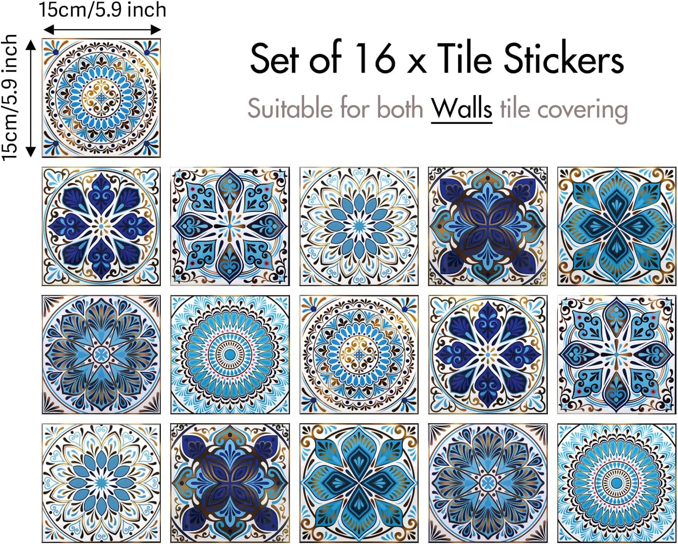 Peel and Stick Tile Stickers / Blue / 6 x 6 / Set of 16