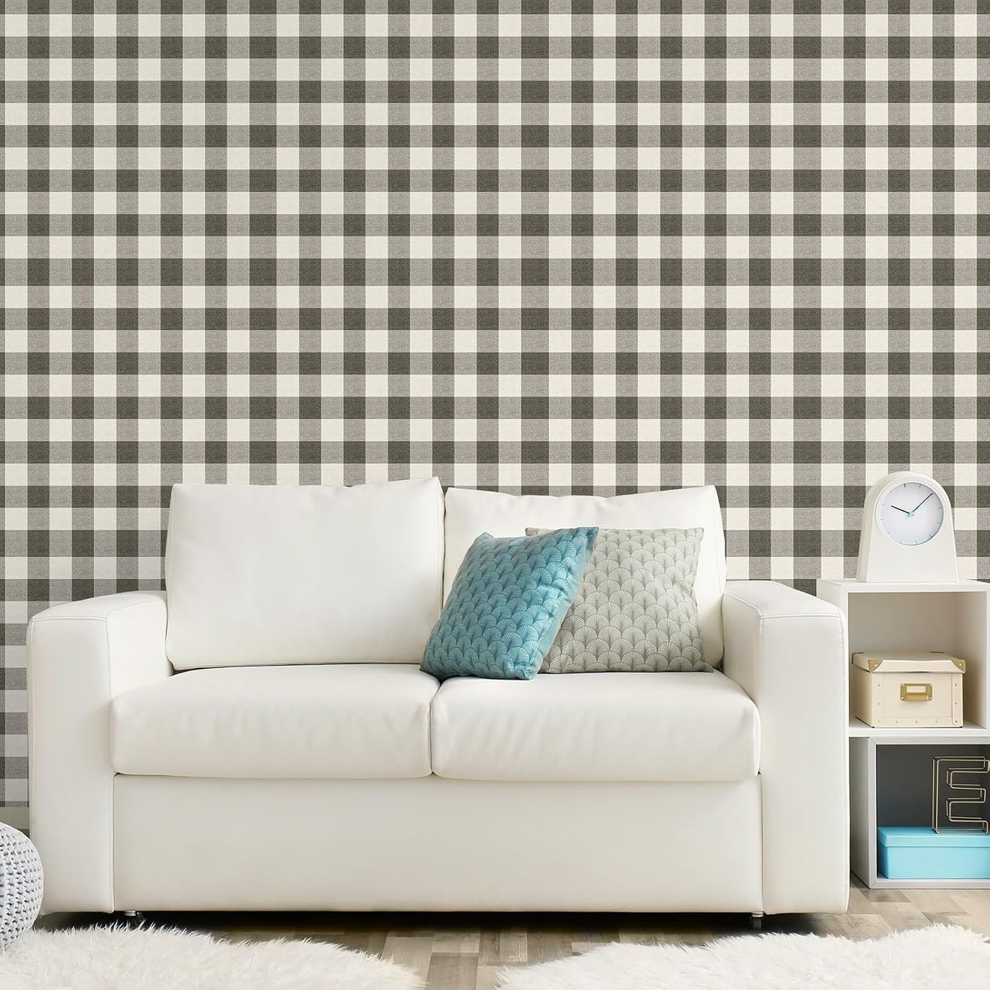 Plaid Textured Peel Stick Wallpaper " Boho Checkered Gingham Contact Waterproof / Black / 15.8 x 118
