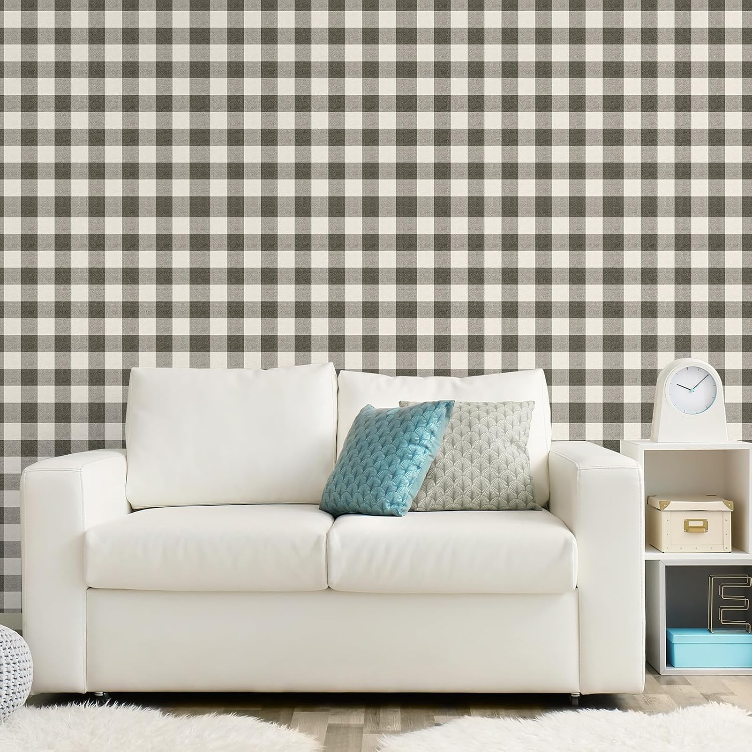 Plaid Textured Peel Stick Wallpaper " Boho Checkered Gingham Contact Waterproof / Black / 15.8 x 118