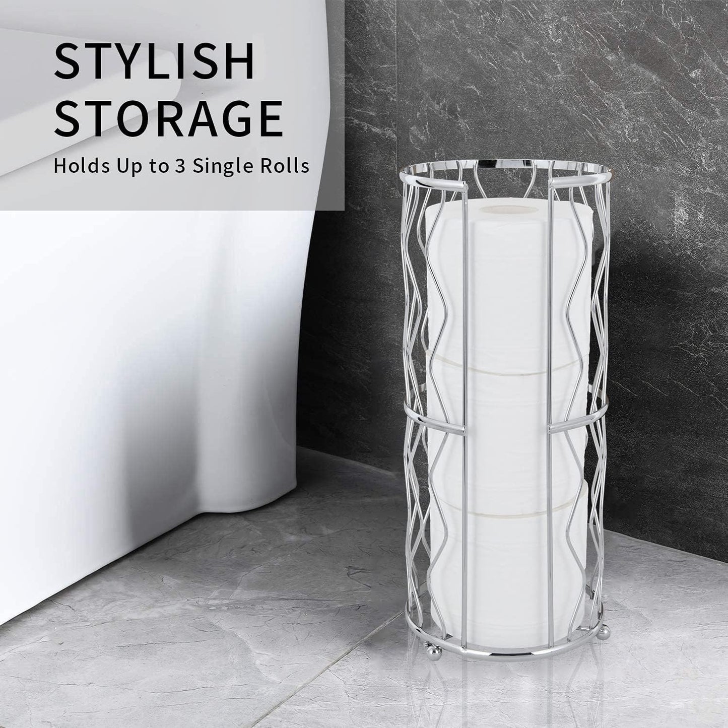 Decorative Metal Standing Toilet Tissue Holder for Bathroom/Powder Room, Compact Tissue Reserve for 3 Jumbo Rolls of