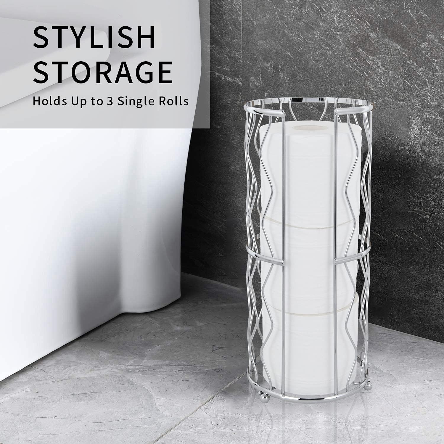 Decorative Metal Standing Toilet Tissue Holder for Bathroom/Powder Room, Compact Tissue Reserve for 3 Jumbo Rolls of